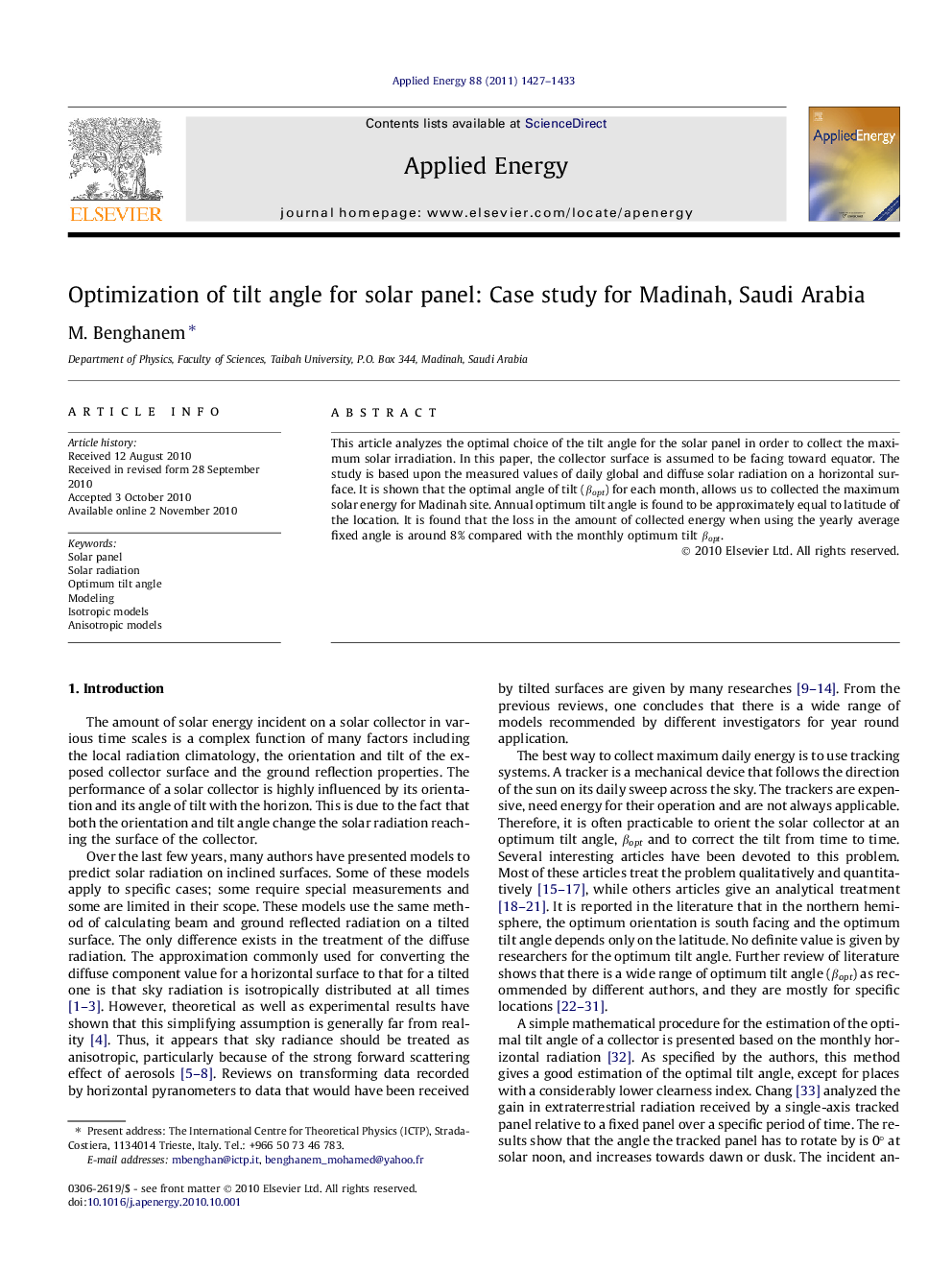 Optimization of tilt angle for solar panel: Case study for Madinah, Saudi Arabia