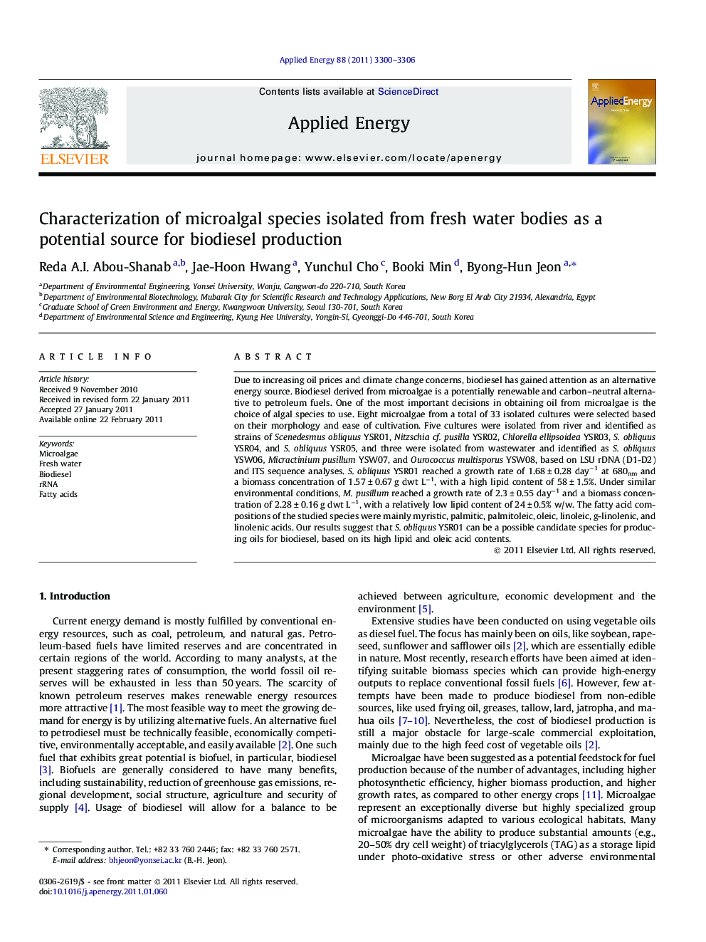 Characterization of microalgal species isolated from fresh water bodies as a potential source for biodiesel production