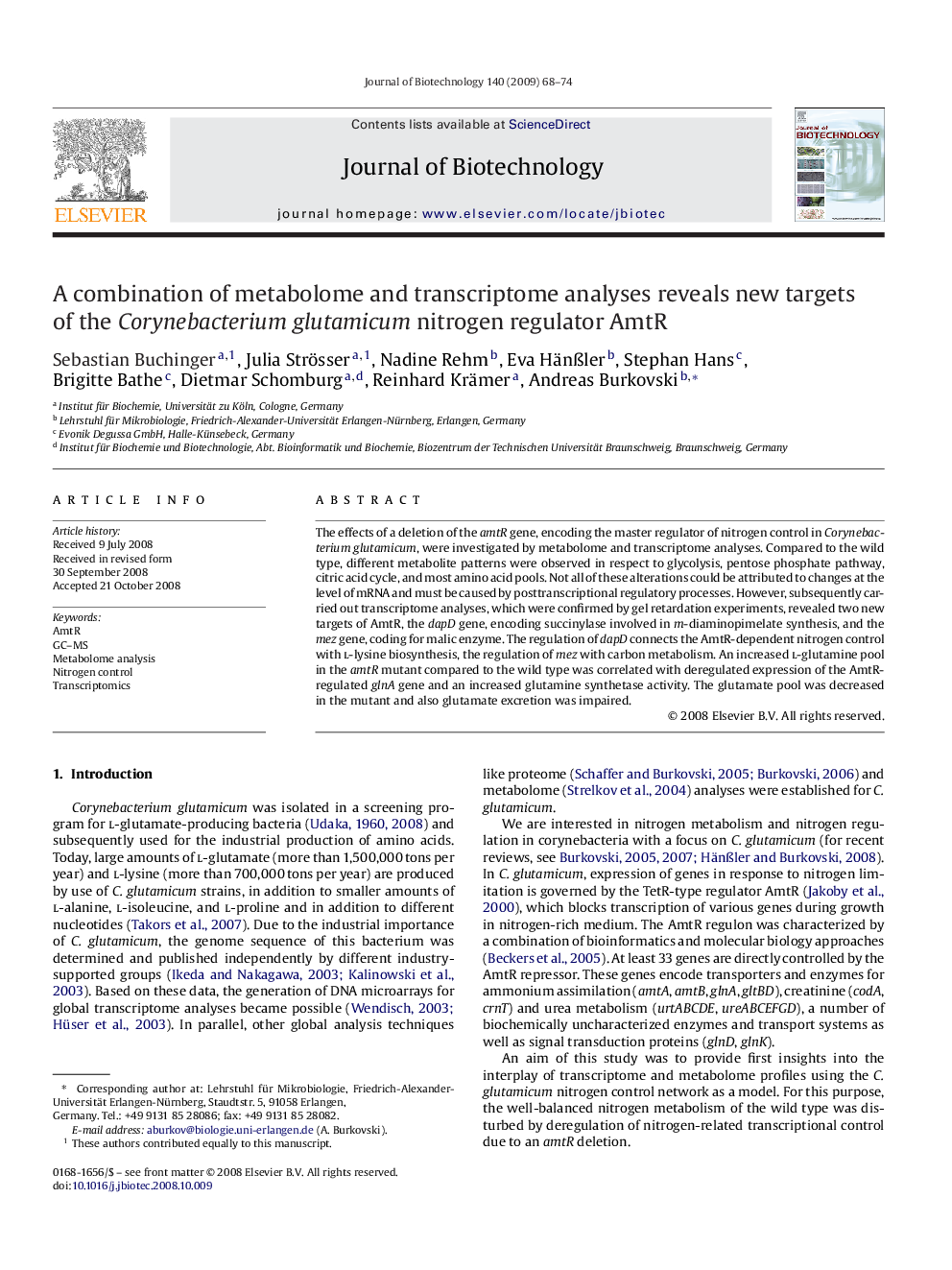 A combination of metabolome and transcriptome analyses reveals new targets of the Corynebacterium glutamicum nitrogen regulator AmtR