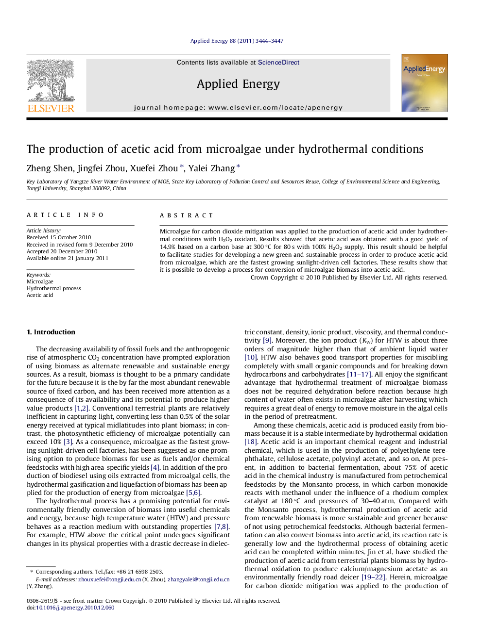 عکس صفحه اول مقاله: The production of acetic acid from microalgae under hydrothermal conditions The production of acetic acid from microalgae under hydrothermal conditions