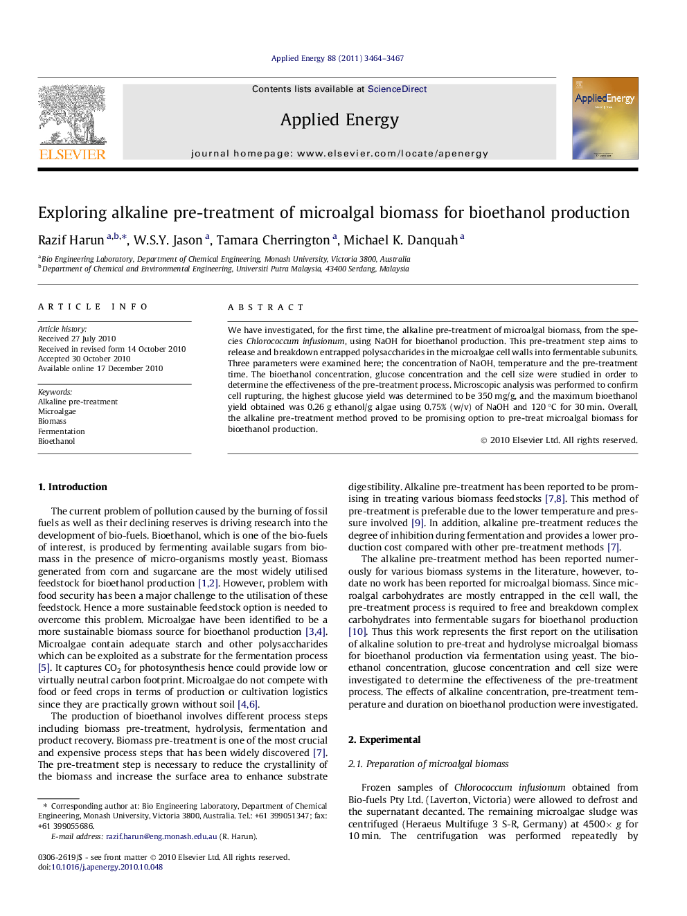 Exploring alkaline pre-treatment of microalgal biomass for bioethanol production