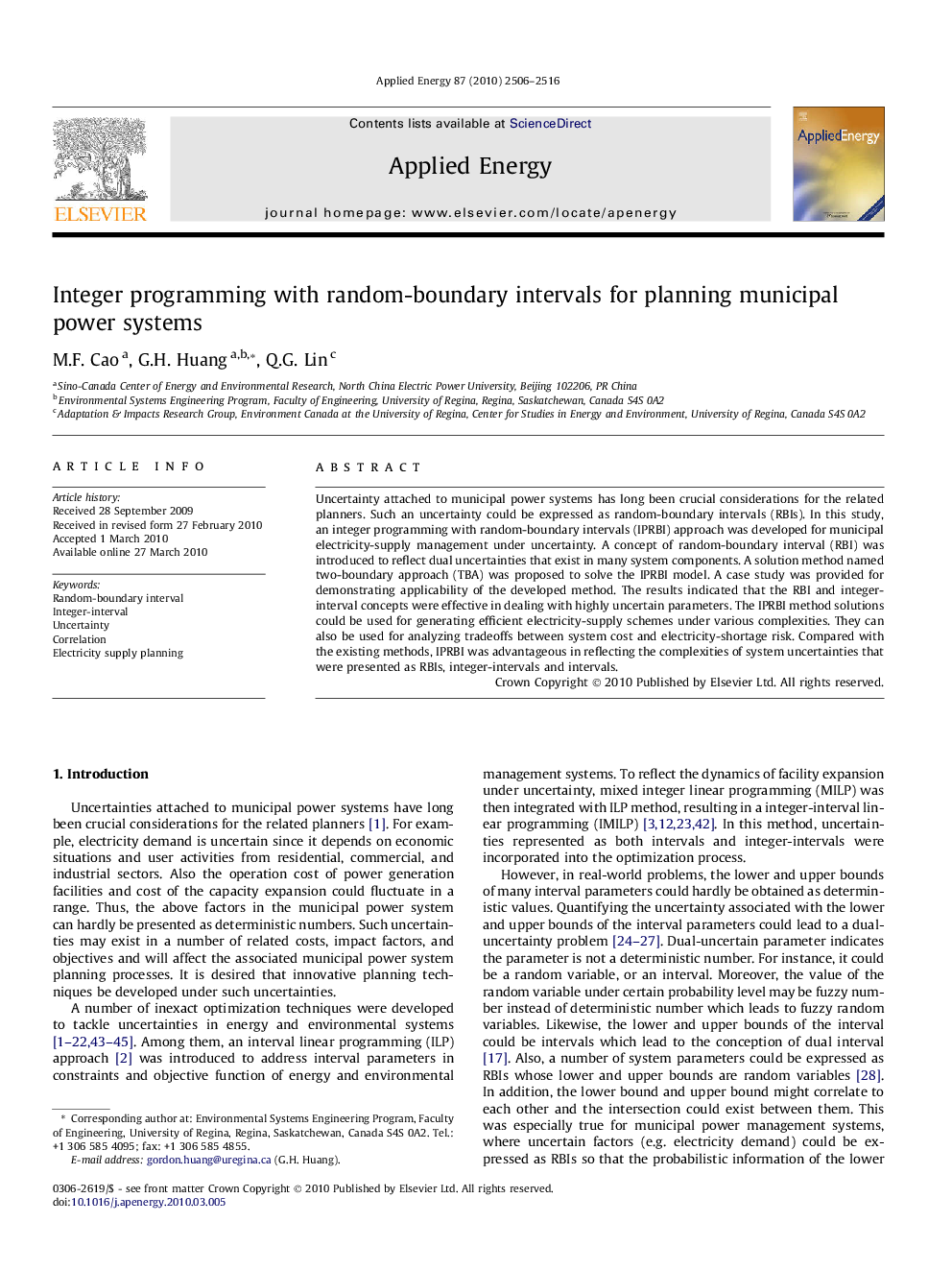 Integer programming with random-boundary intervals for planning municipal power systems