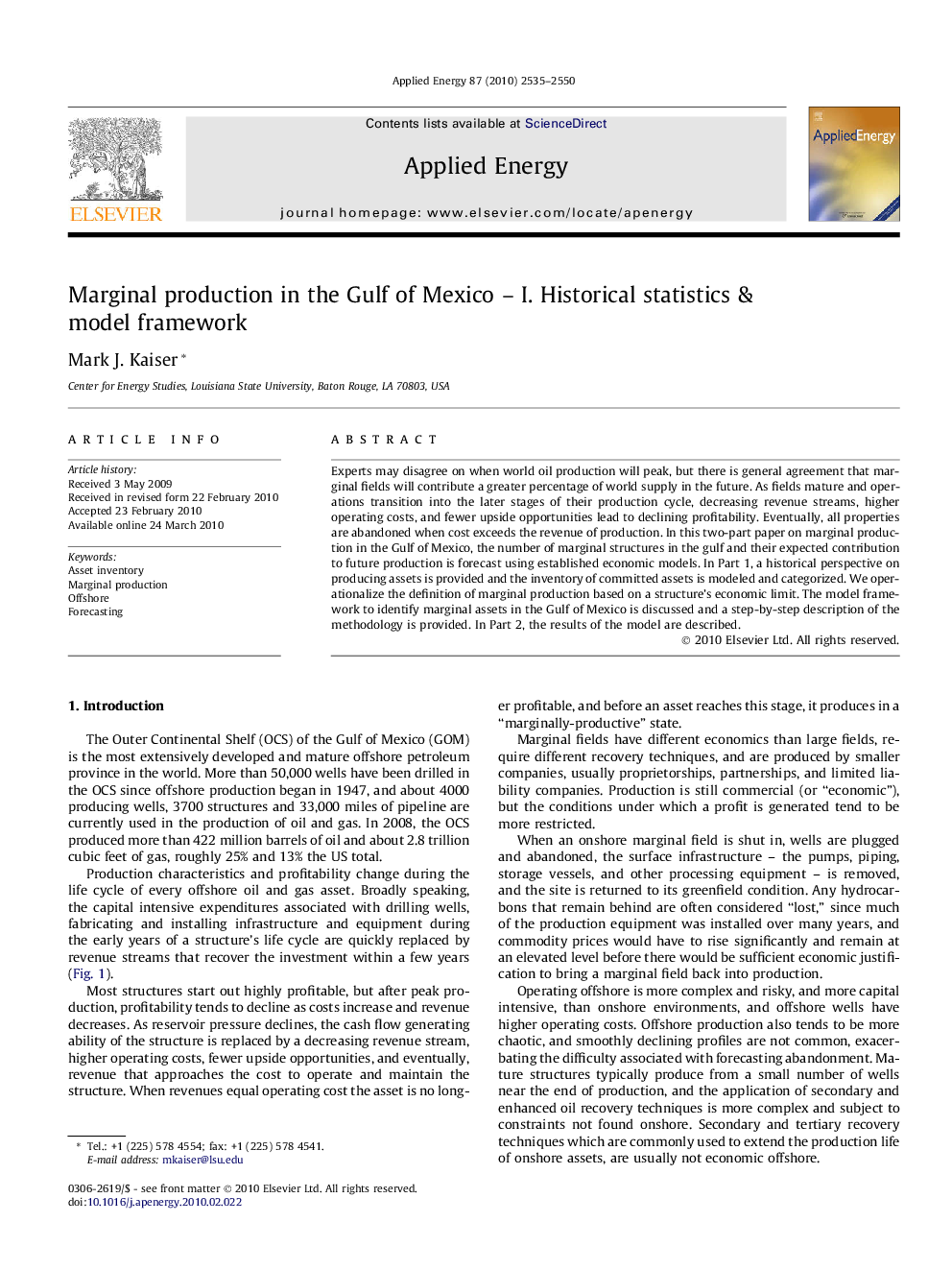 Marginal production in the Gulf of Mexico – I. Historical statistics & model framework