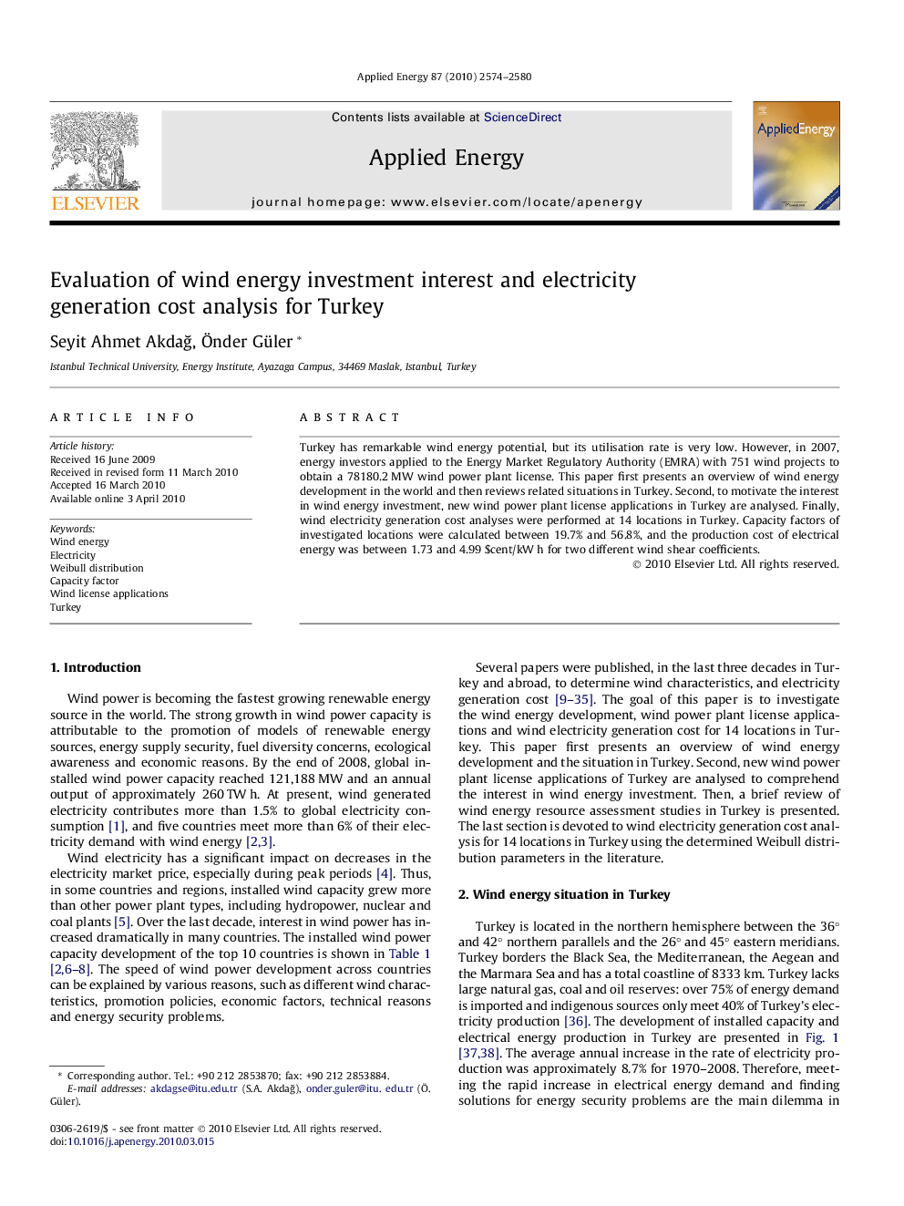 Evaluation of wind energy investment interest and electricity generation cost analysis for Turkey