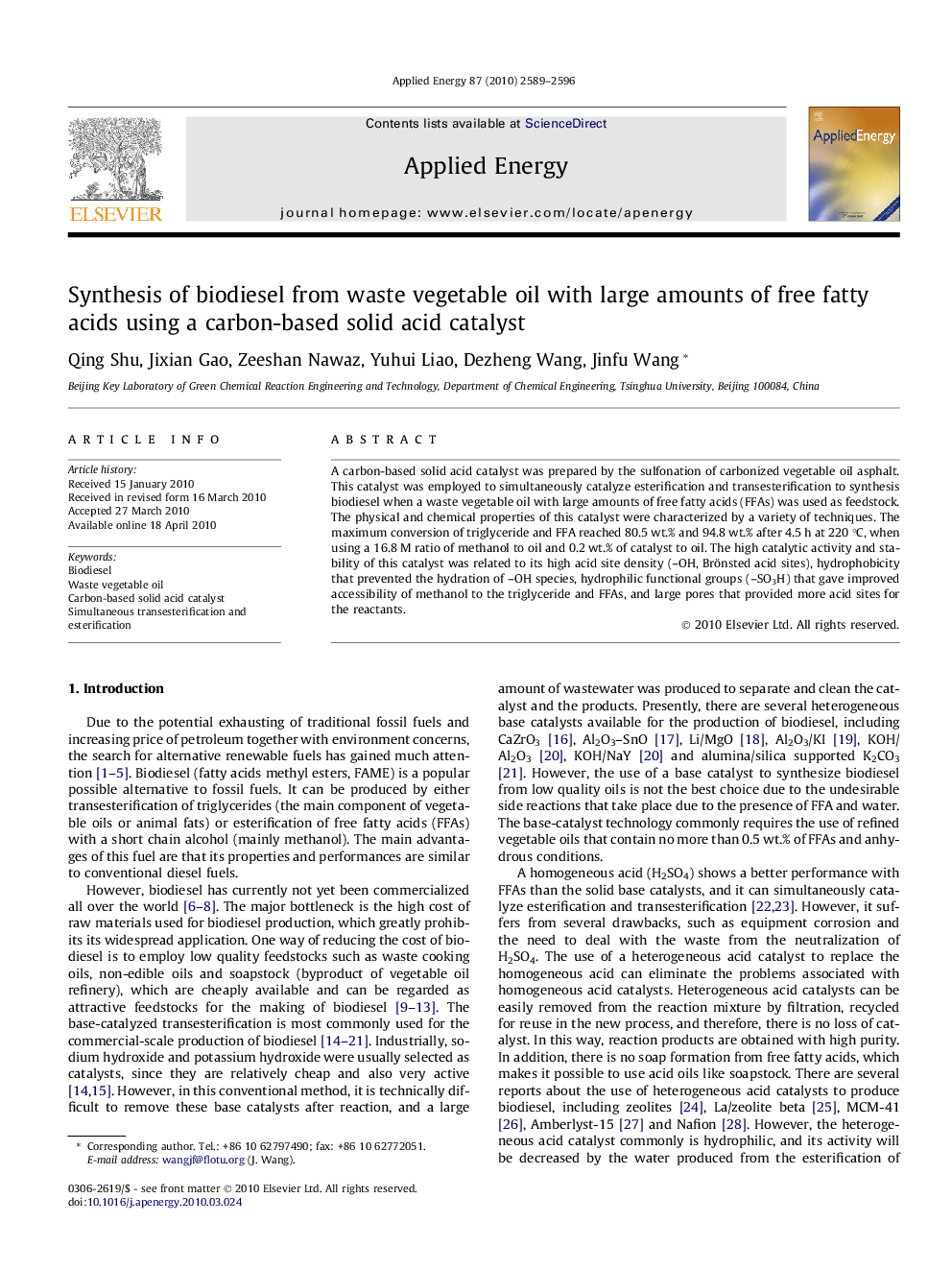 Synthesis of biodiesel from waste vegetable oil with large amounts of free fatty acids using a carbon-based solid acid catalyst