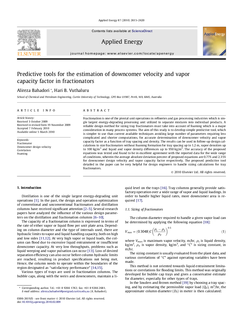 Predictive tools for the estimation of downcomer velocity and vapor capacity factor in fractionators