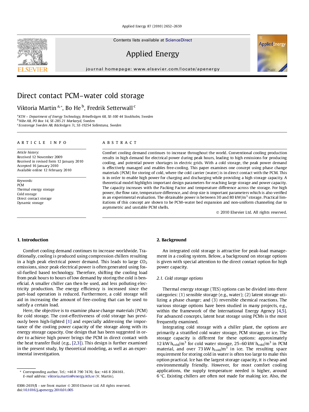 Direct contact PCM–water cold storage