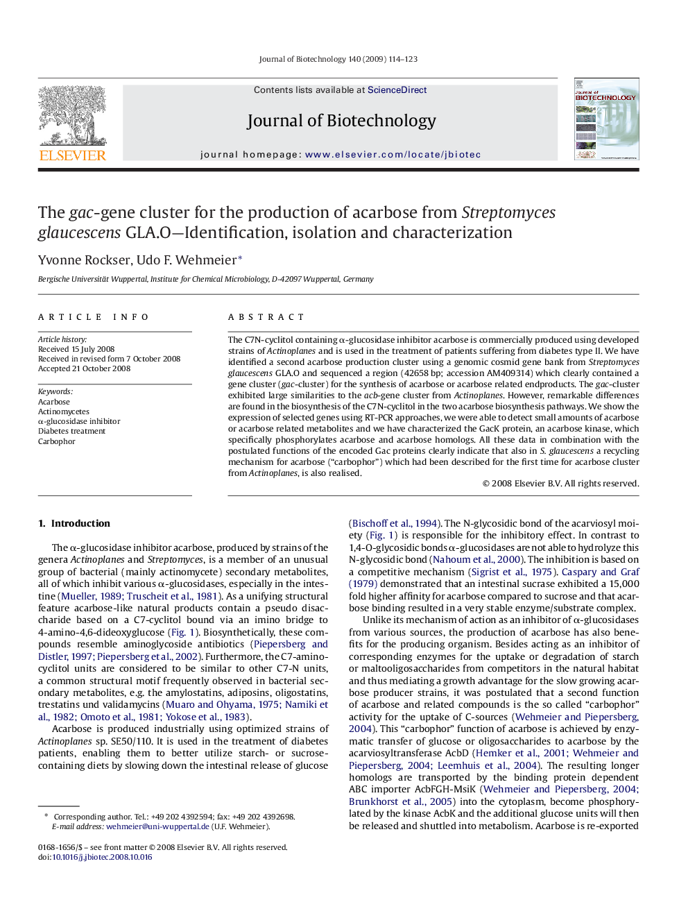 The gac-gene cluster for the production of acarbose from Streptomyces glaucescens GLA.O—Identification, isolation and characterization