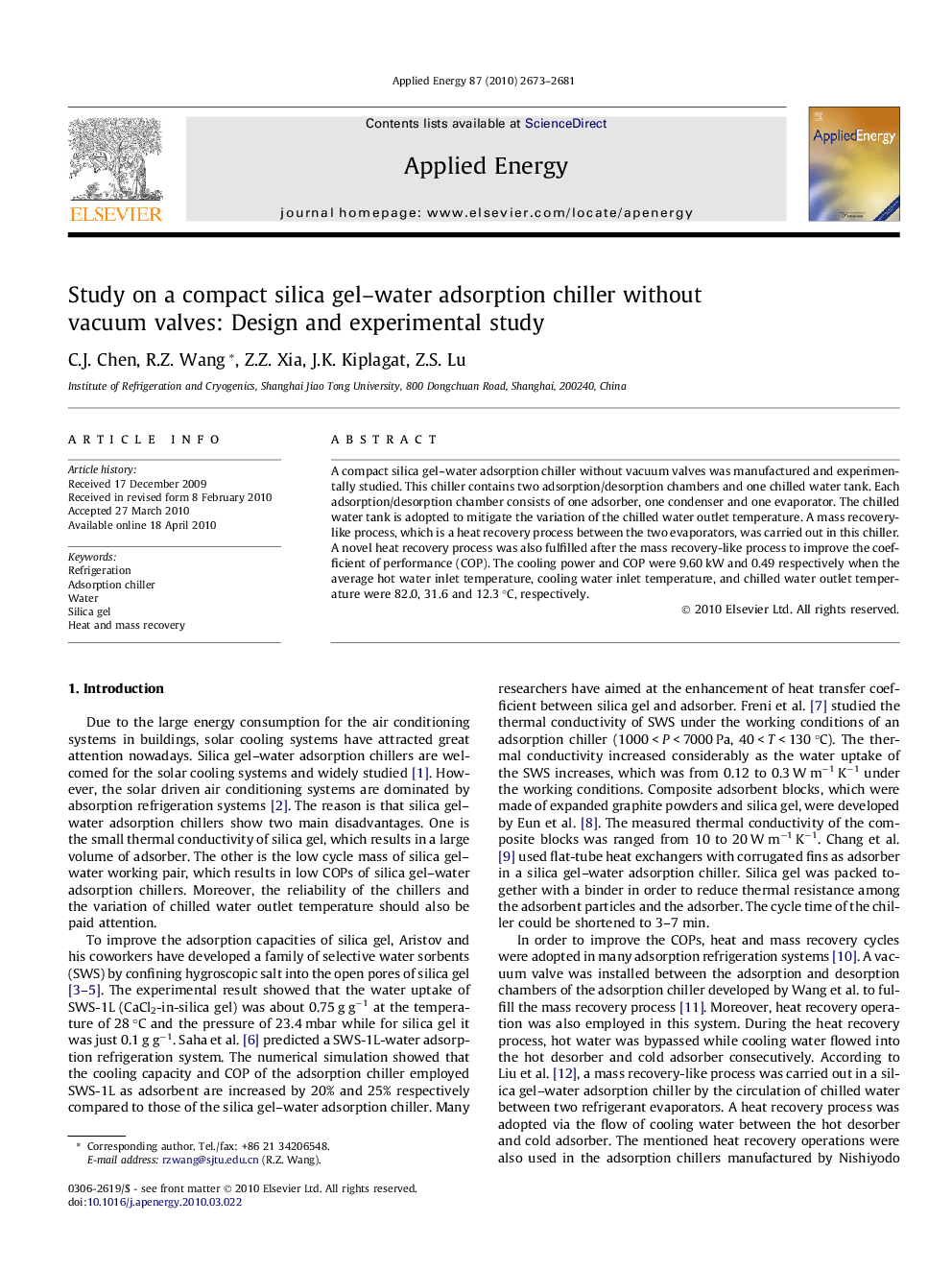 Study on a compact silica gel–water adsorption chiller without vacuum valves: Design and experimental study