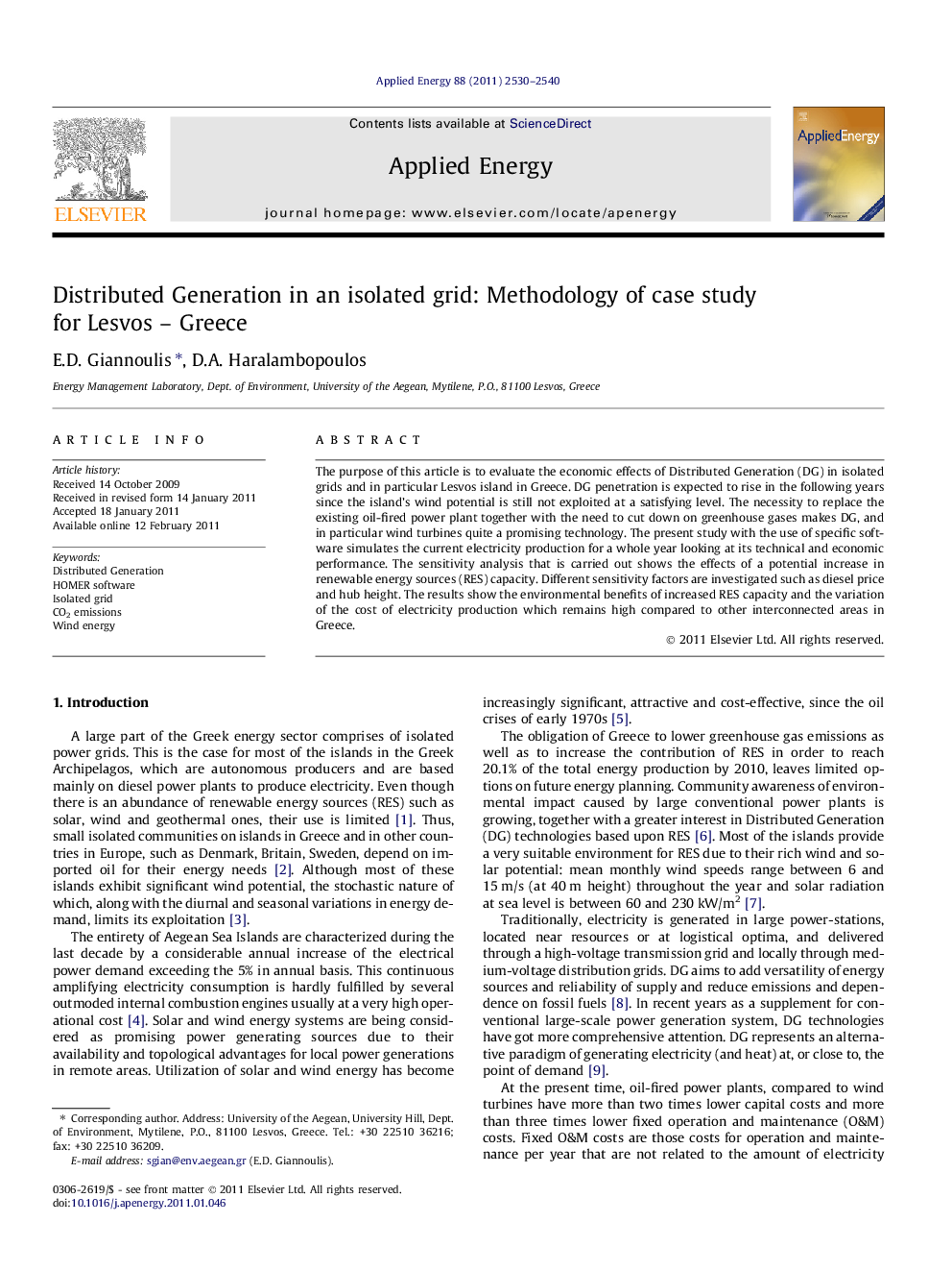 Distributed Generation in an isolated grid: Methodology of case study for Lesvos – Greece