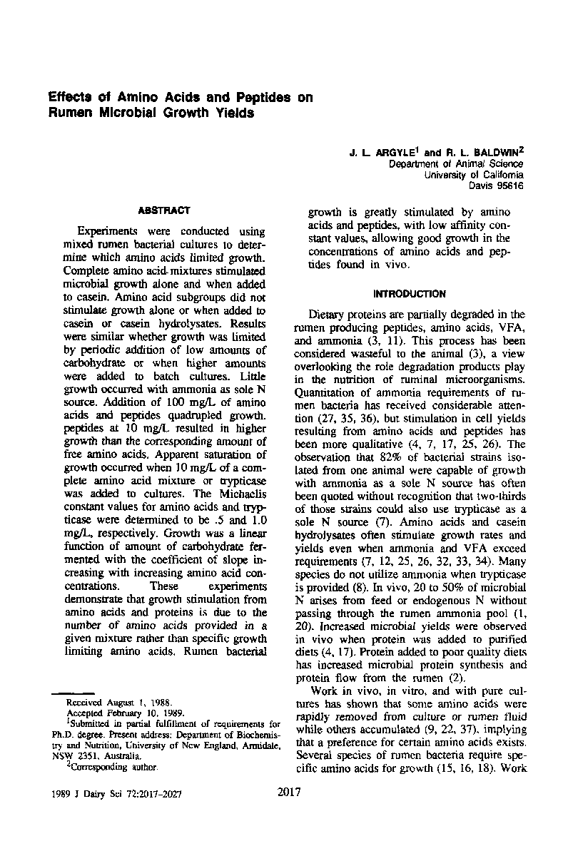 Effects of Amino Acids and Peptides on Rumen Microbial Growth Yields