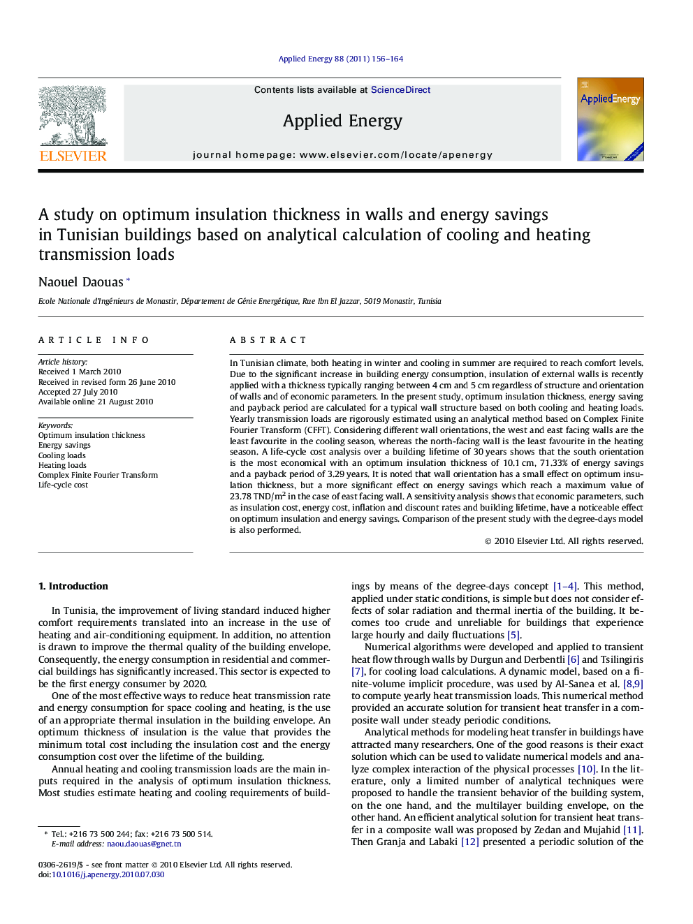 A study on optimum insulation thickness in walls and energy savings in Tunisian buildings based on analytical calculation of cooling and heating transmission loads