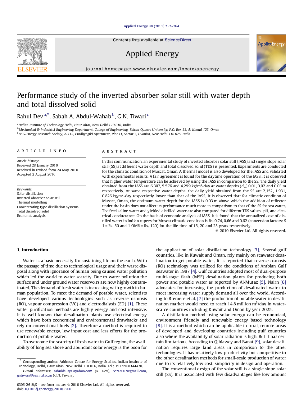 Performance study of the inverted absorber solar still with water depth and total dissolved solid