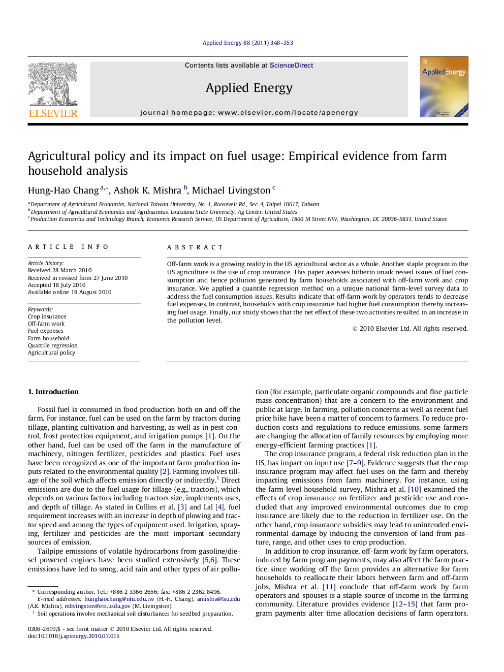 Agricultural policy and its impact on fuel usage: Empirical evidence from farm household analysis