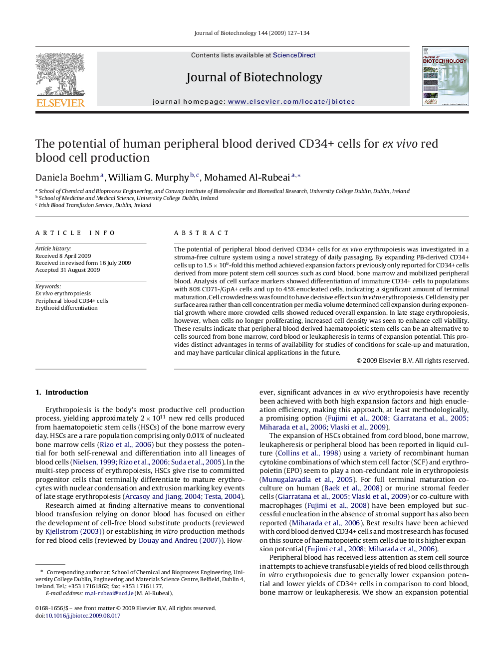 The potential of human peripheral blood derived CD34+ cells for ex vivo red blood cell production