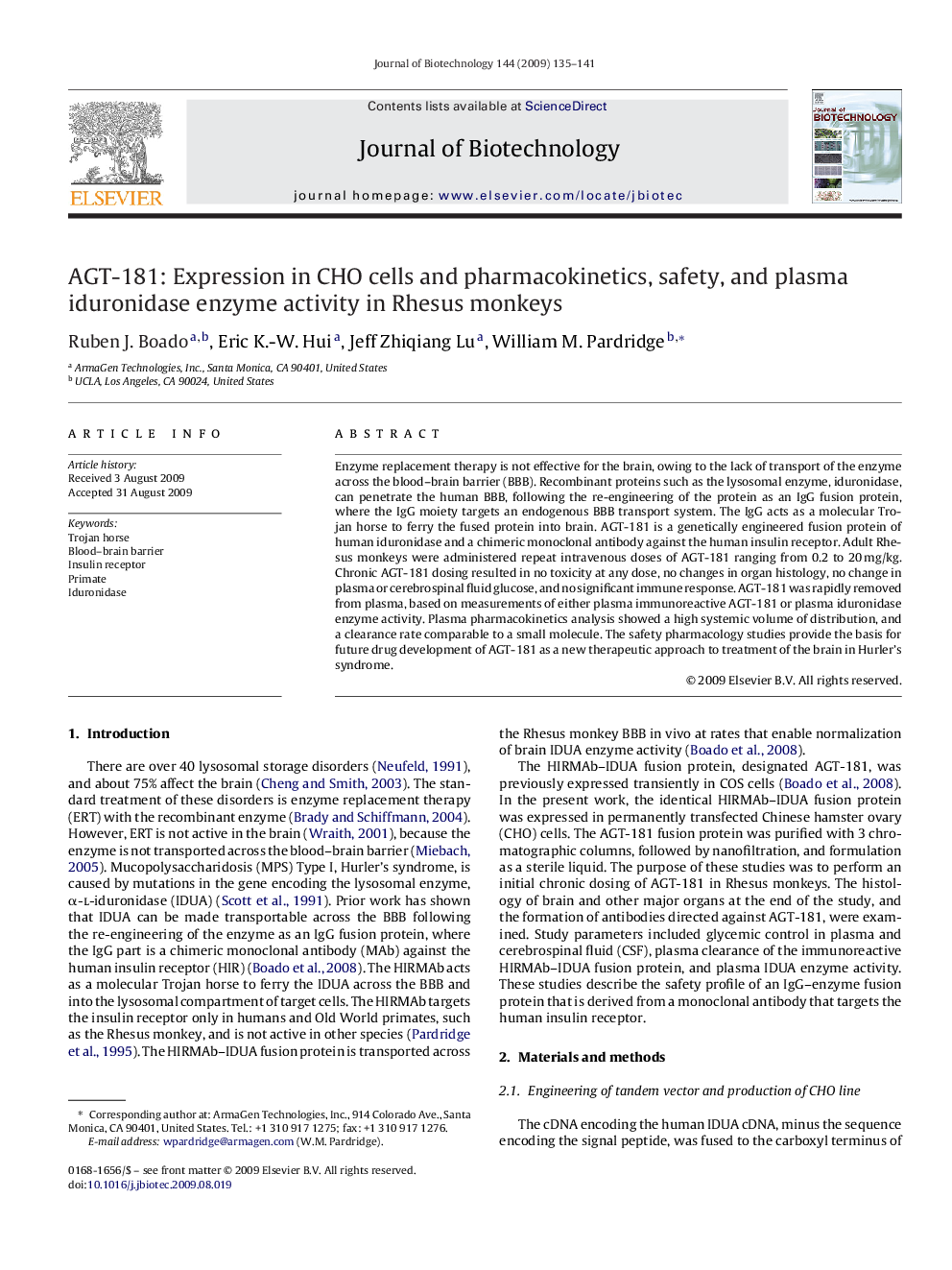 AGT-181: Expression in CHO cells and pharmacokinetics, safety, and plasma iduronidase enzyme activity in Rhesus monkeys