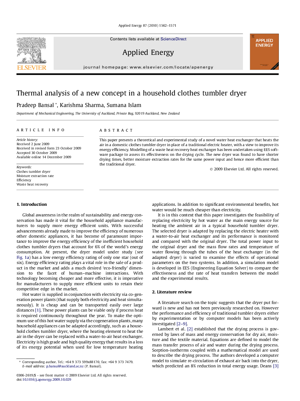 Thermal analysis of a new concept in a household clothes tumbler dryer