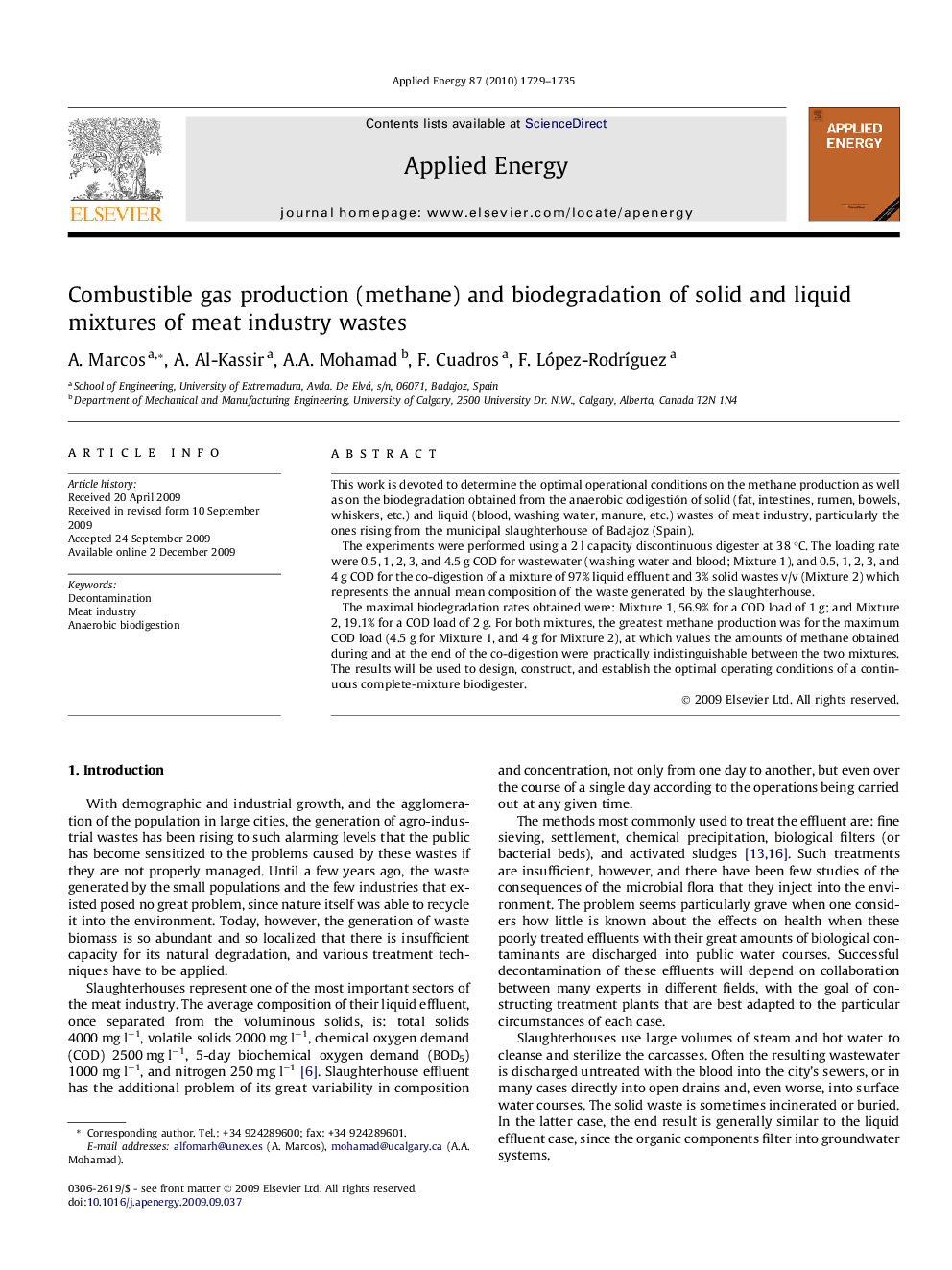 Combustible gas production (methane) and biodegradation of solid and liquid mixtures of meat industry wastes