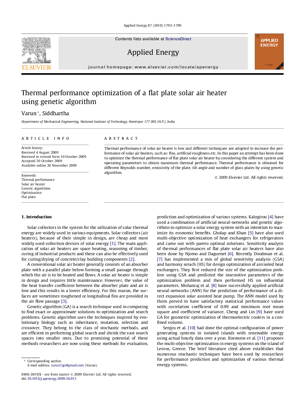 Thermal performance optimization of a flat plate solar air heater using genetic algorithm