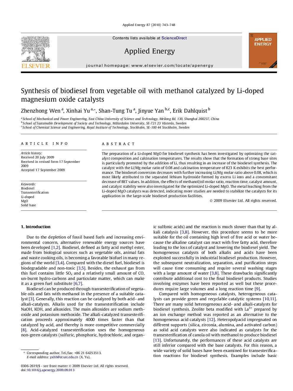 Synthesis of biodiesel from vegetable oil with methanol catalyzed by Li-doped magnesium oxide catalysts