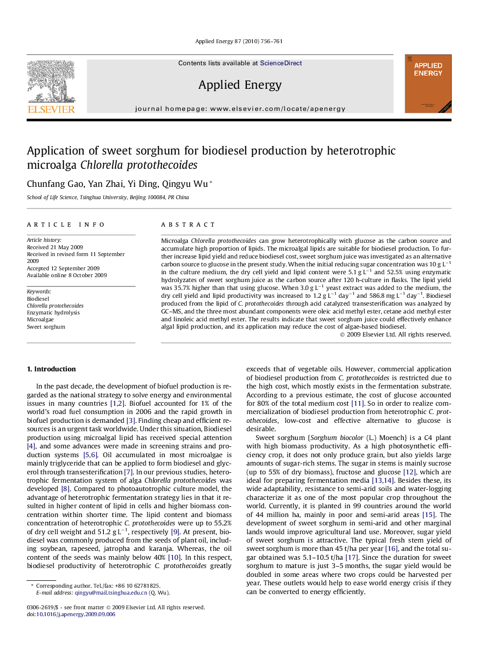 Application of sweet sorghum for biodiesel production by heterotrophic microalga Chlorella protothecoides