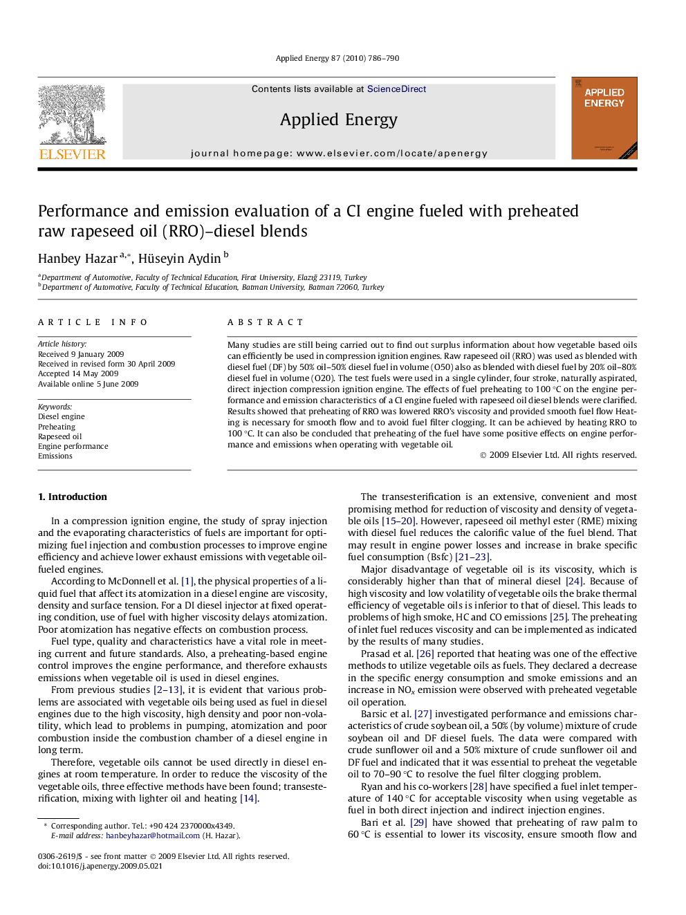 Performance and emission evaluation of a CI engine fueled with preheated raw rapeseed oil (RRO)–diesel blends