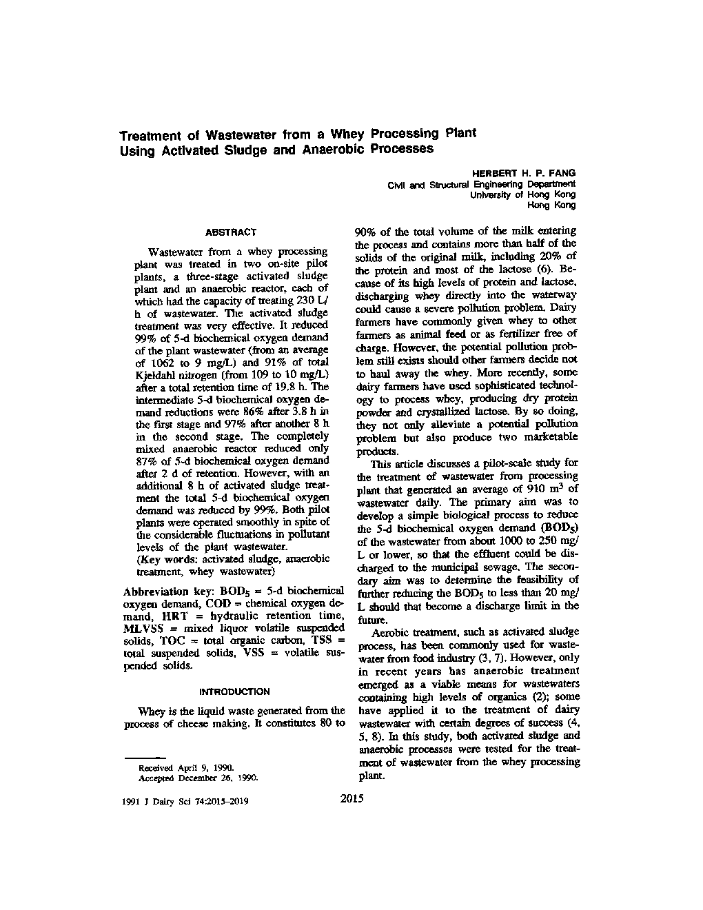 Treatment of Wastewater from a Whey Processing Plant Using Activated Sludge and Anaerobic Processes