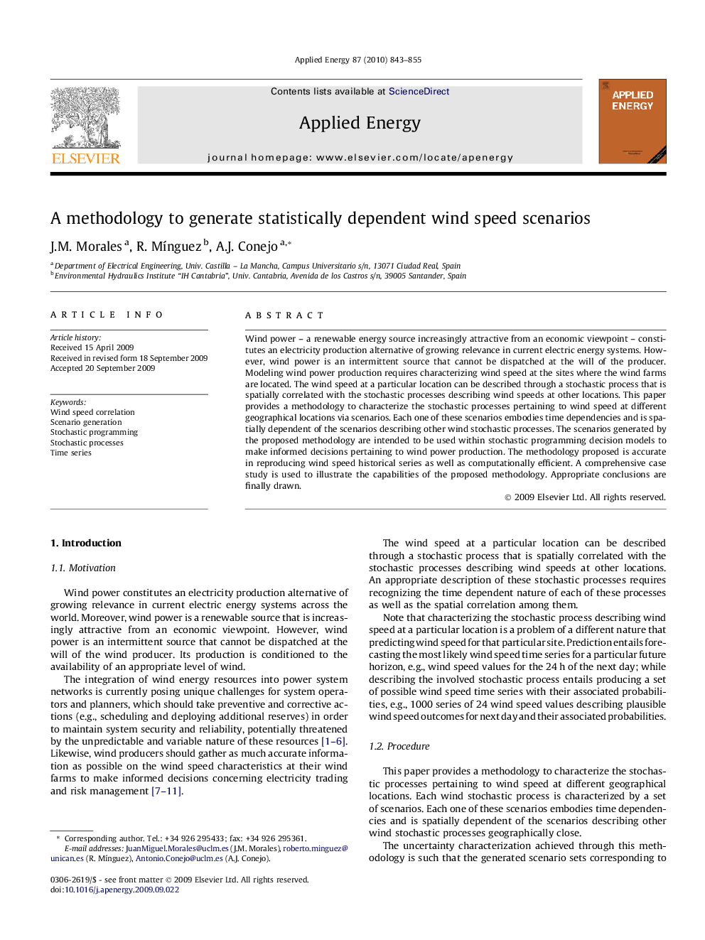 A methodology to generate statistically dependent wind speed scenarios