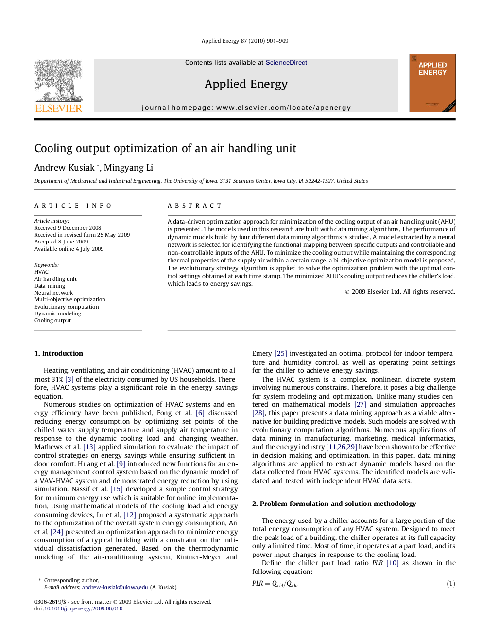 Cooling output optimization of an air handling unit