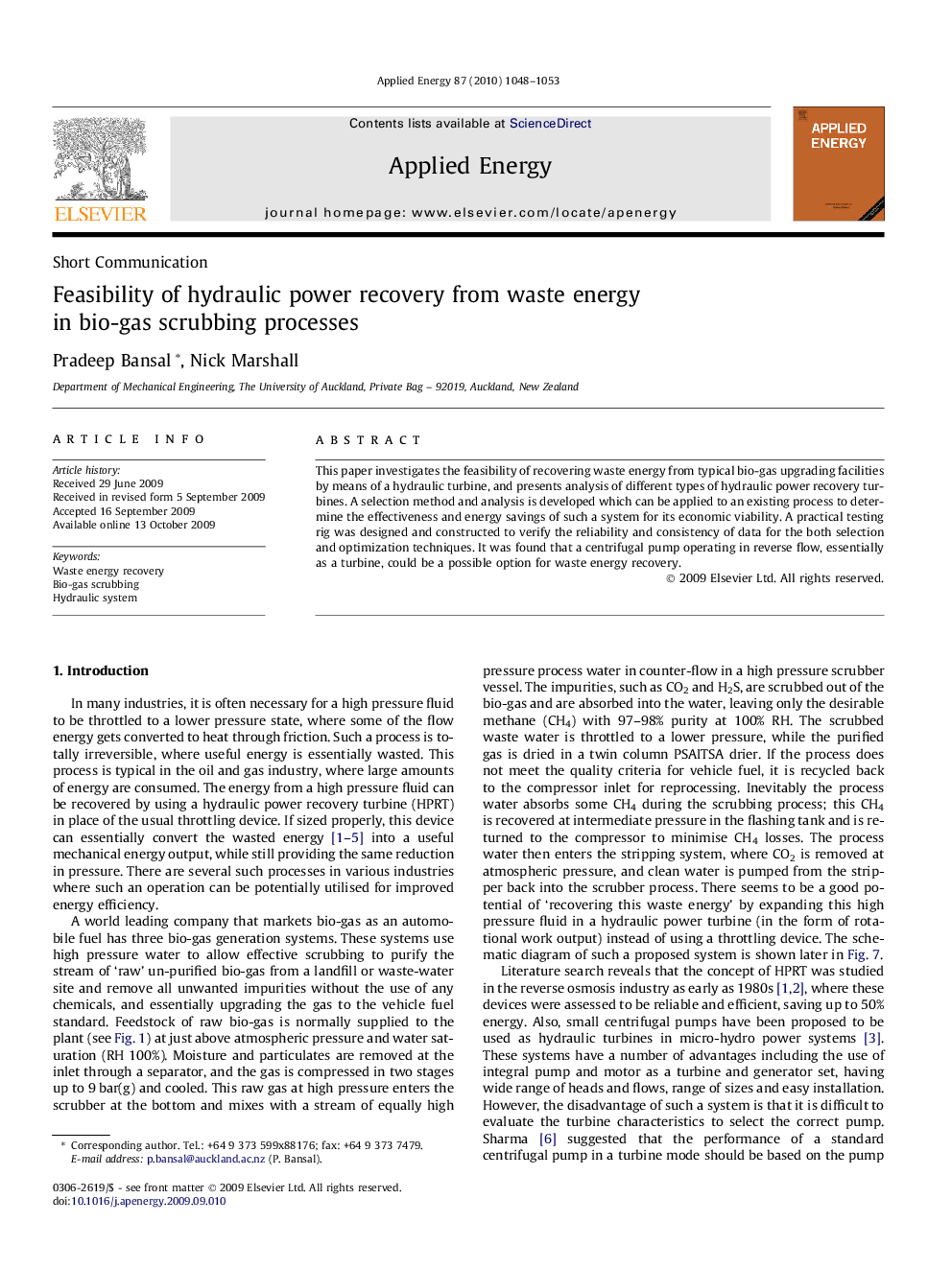 Feasibility of hydraulic power recovery from waste energy in bio-gas scrubbing processes