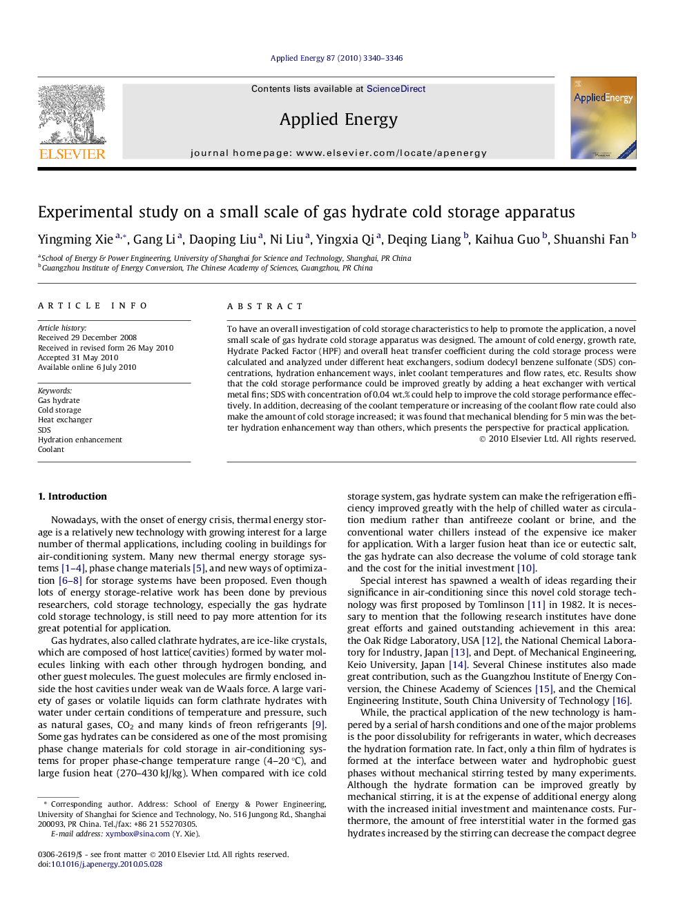 Experimental study on a small scale of gas hydrate cold storage apparatus