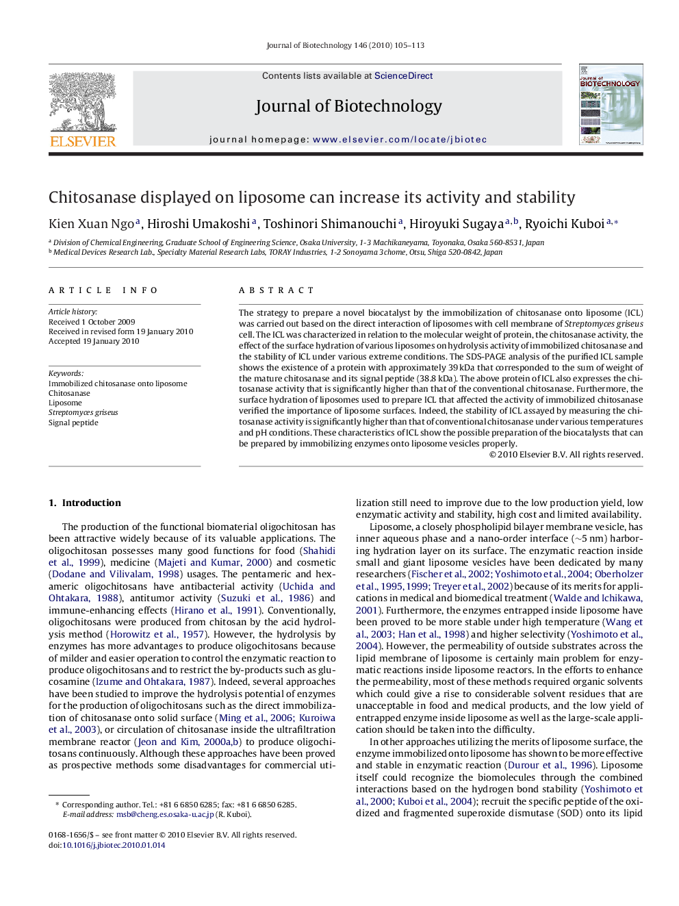 Chitosanase displayed on liposome can increase its activity and stability