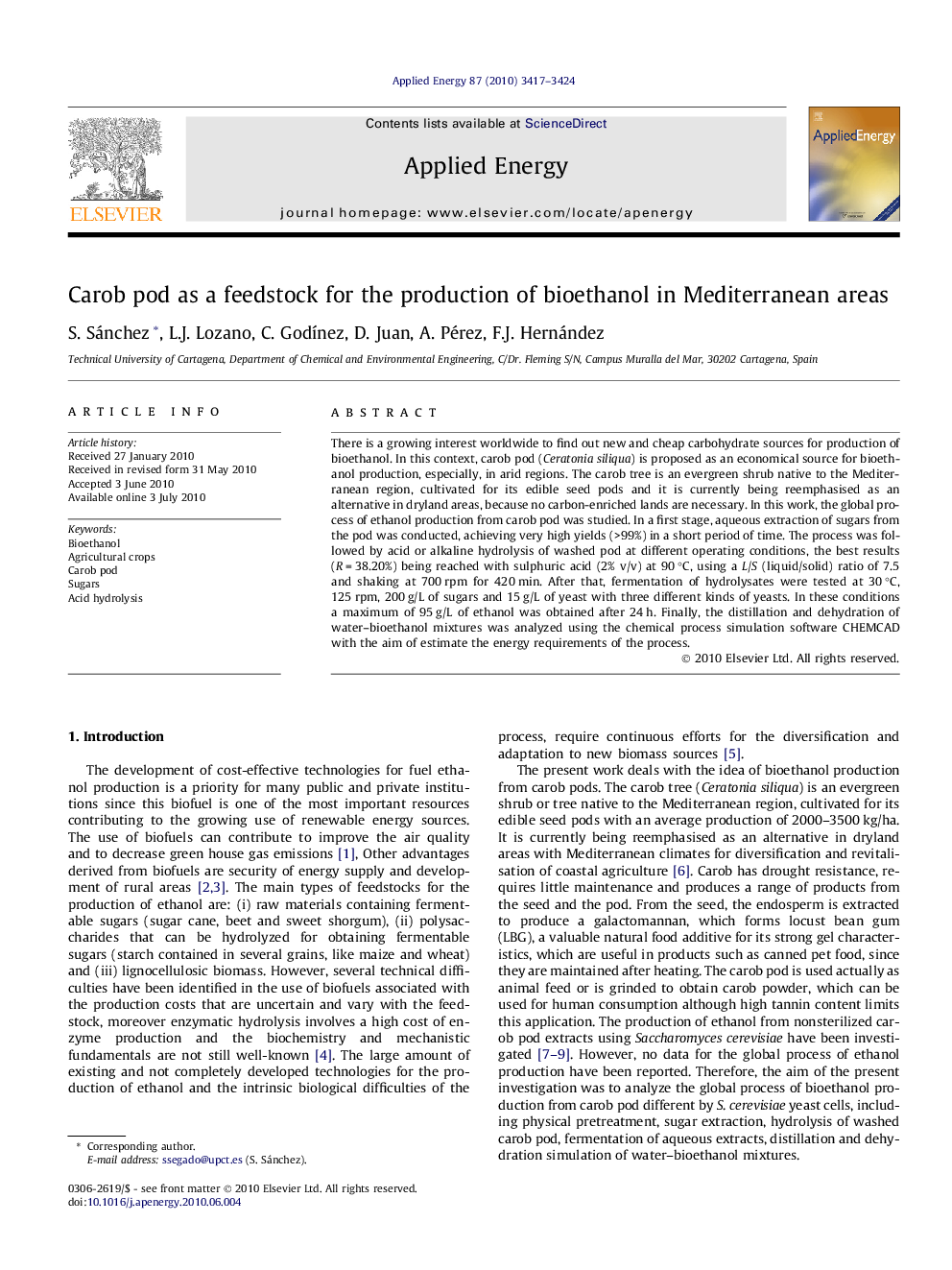 Carob pod as a feedstock for the production of bioethanol in Mediterranean areas