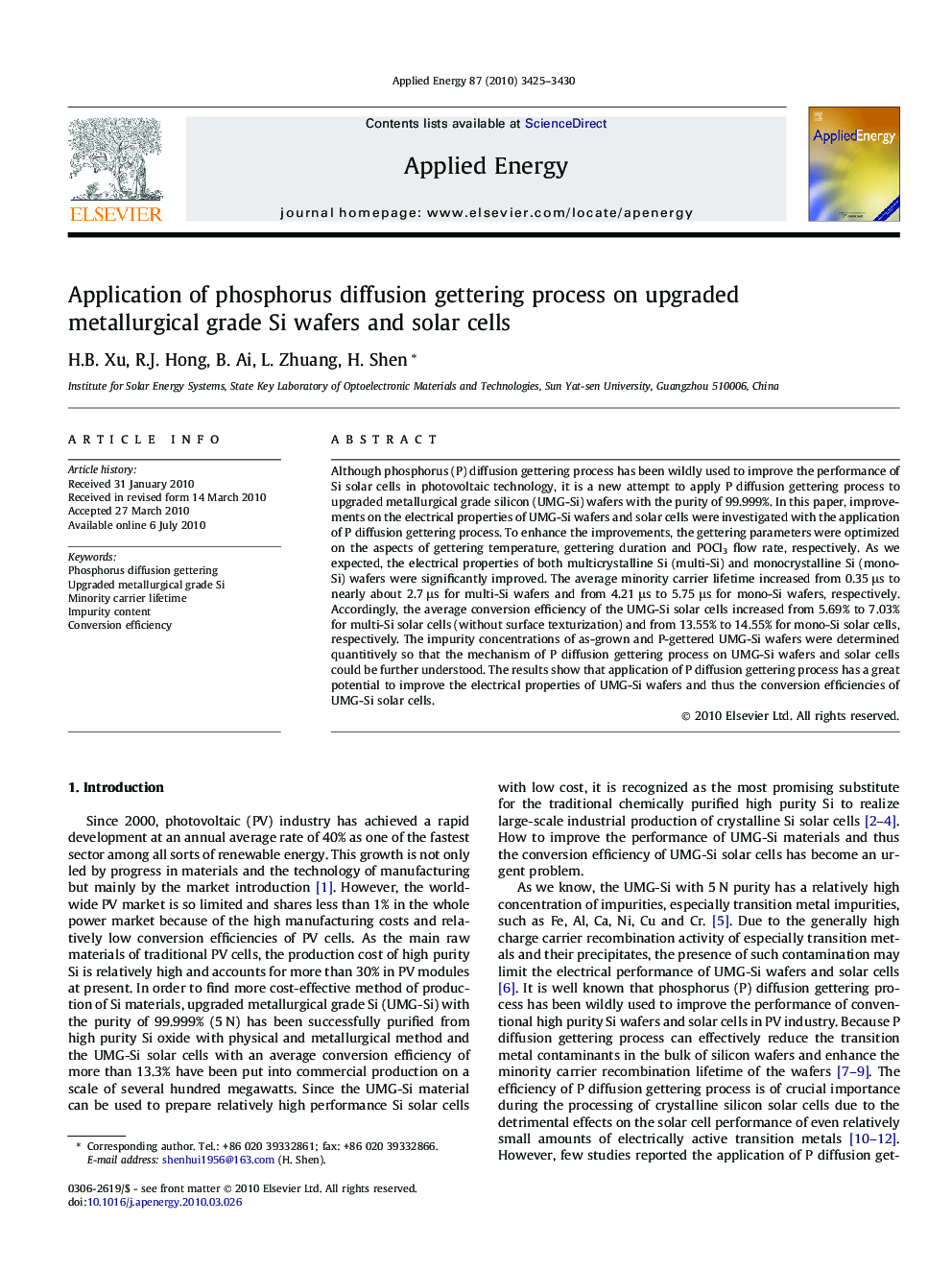 Application of phosphorus diffusion gettering process on upgraded metallurgical grade Si wafers and solar cells