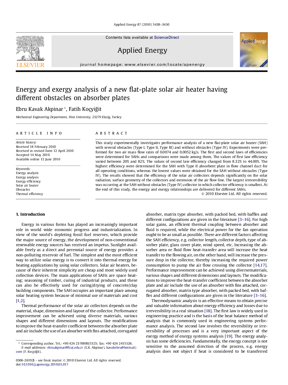 Energy and exergy analysis of a new flat-plate solar air heater having different obstacles on absorber plates