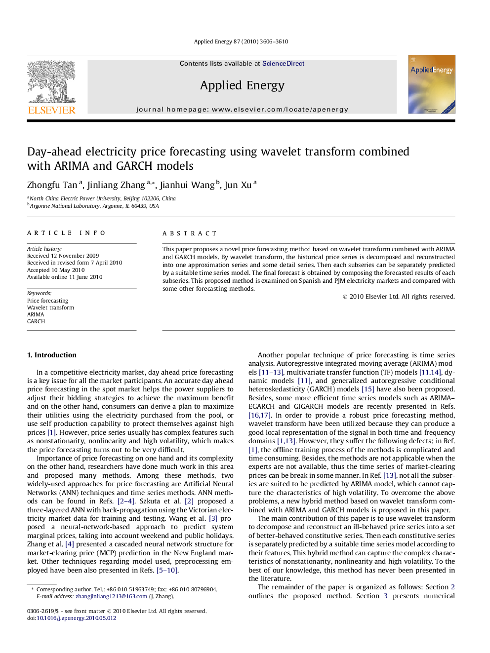 عکس صفحه اول مقاله: Day-ahead electricity price forecasting using wavelet transform combined with ARIMA and GARCH models Day-ahead electricity price forecasting using wavelet transform combined with ARIMA and GARCH models
