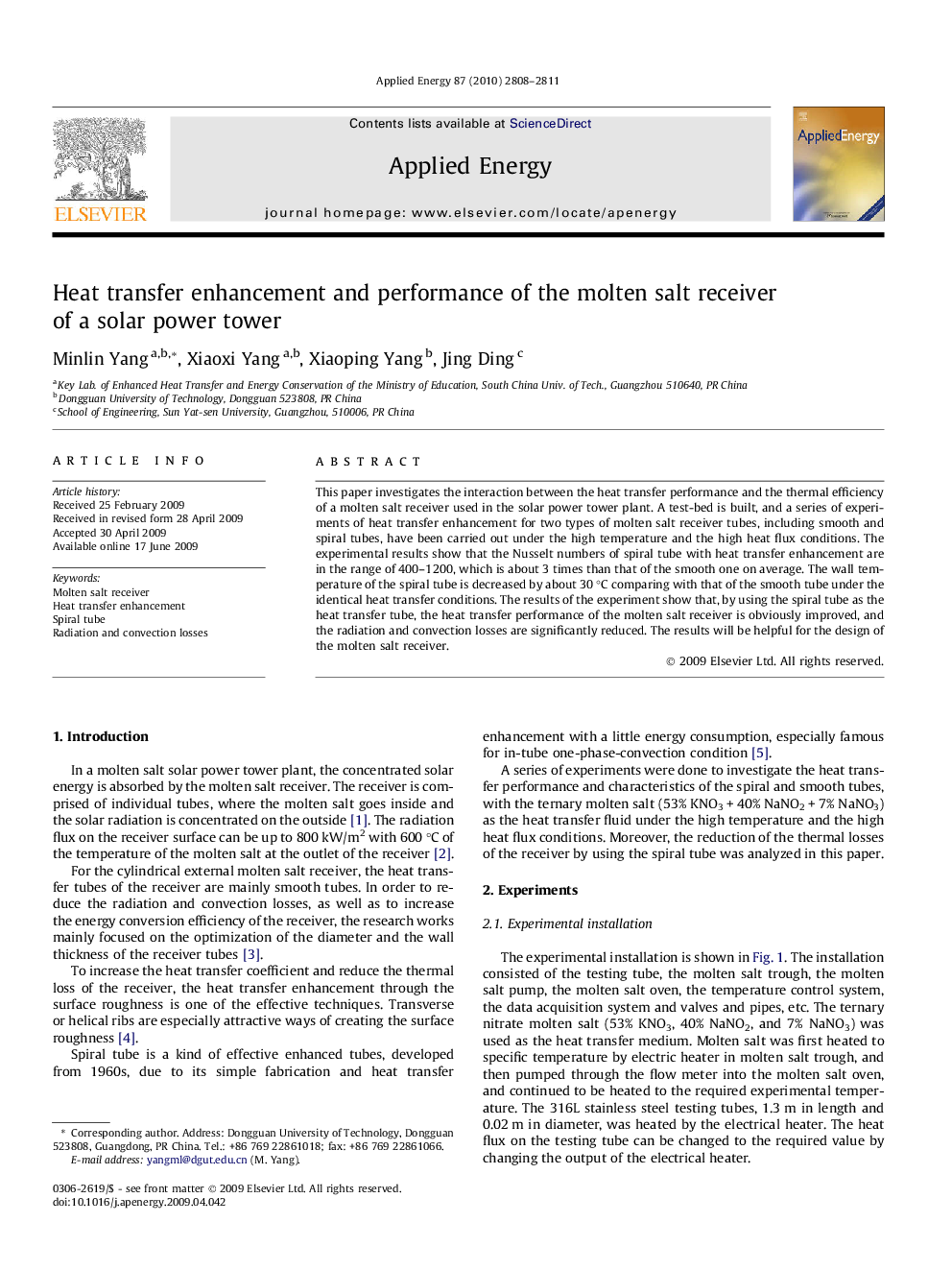 Heat transfer enhancement and performance of the molten salt receiver of a solar power tower