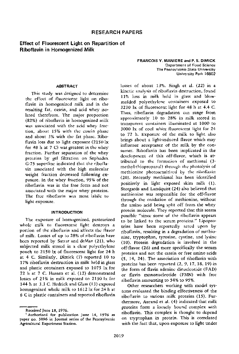 Effect of Fluorescent Light on Repartition of Riboflavin in Homogenized Milk