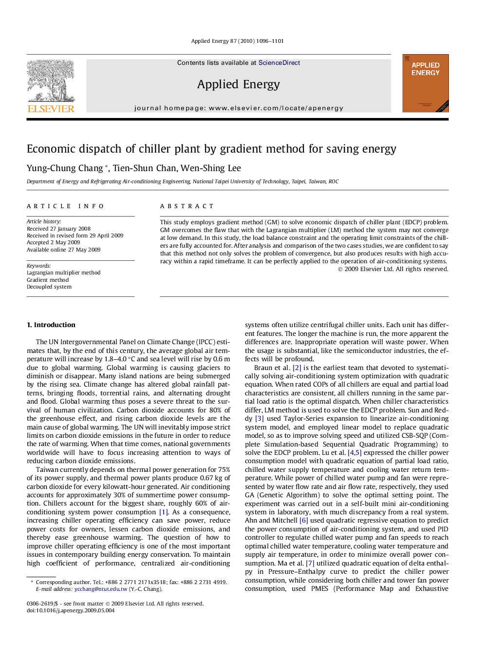 Economic dispatch of chiller plant by gradient method for saving energy