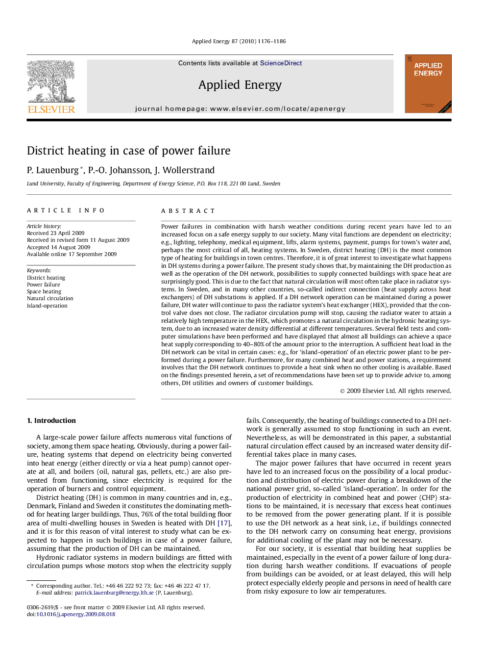 District heating in case of power failure