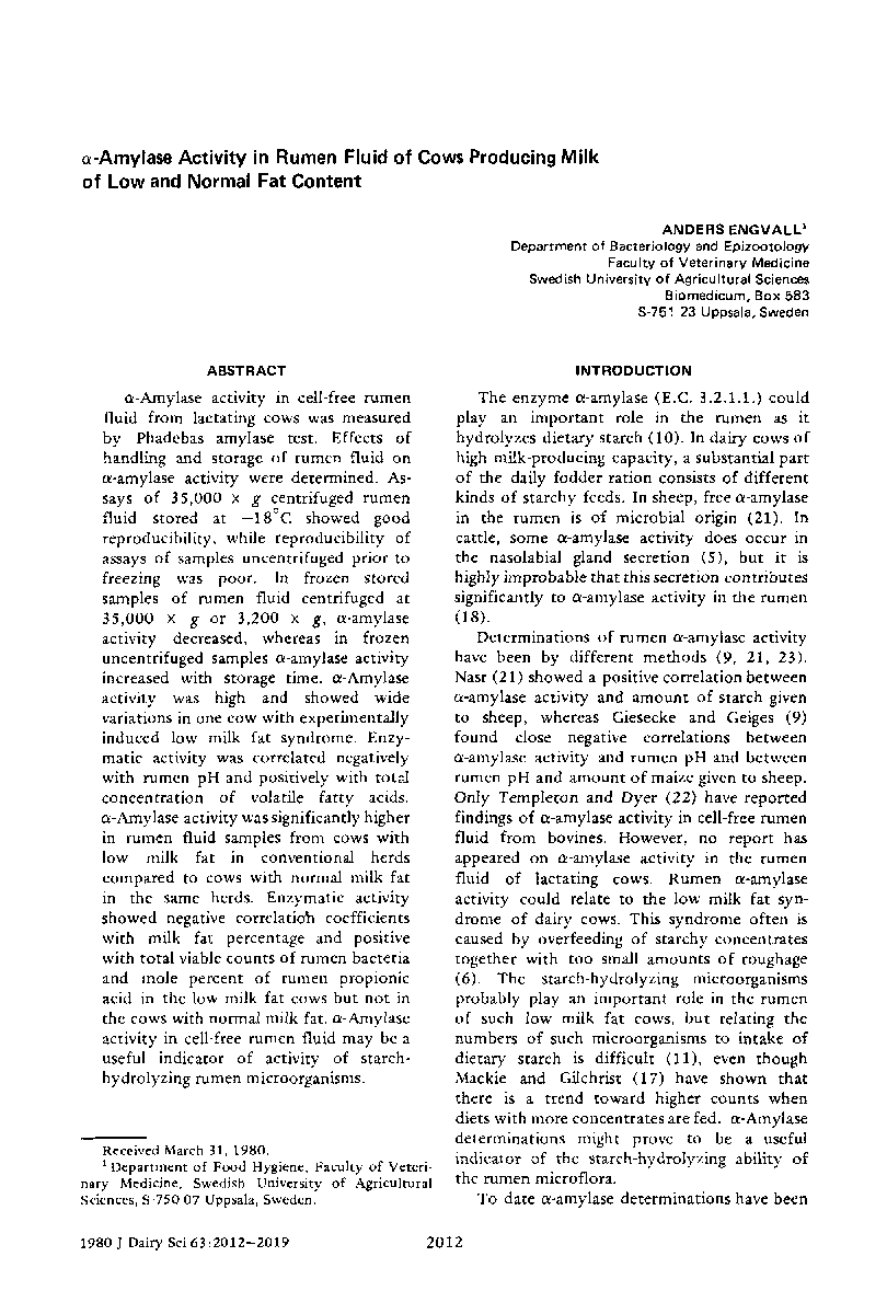 Î±-Amylase Activity in Rumen Fluid of Cows Producing Milk of Low and Normal Fat Content