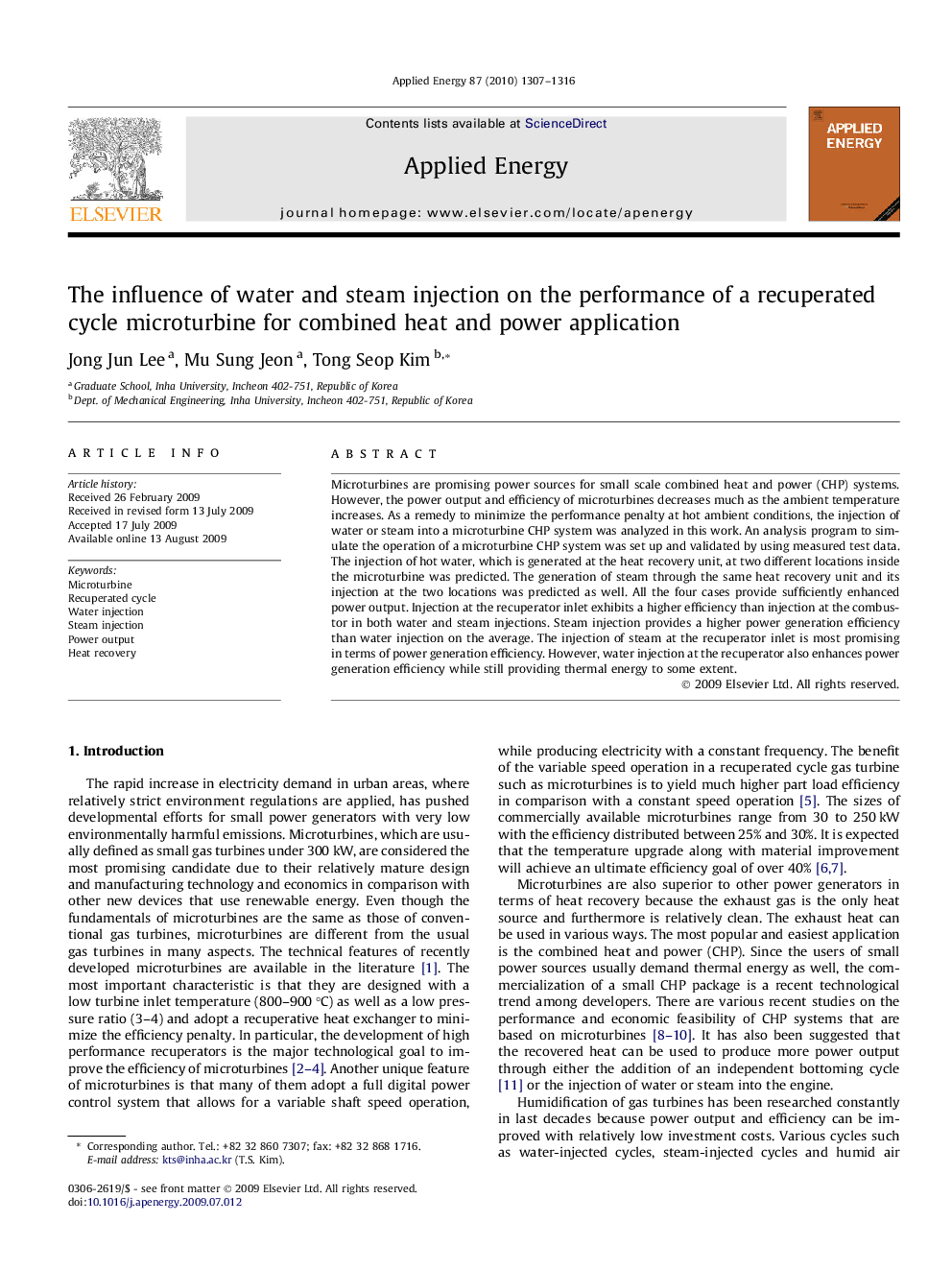 The influence of water and steam injection on the performance of a recuperated cycle microturbine for combined heat and power application