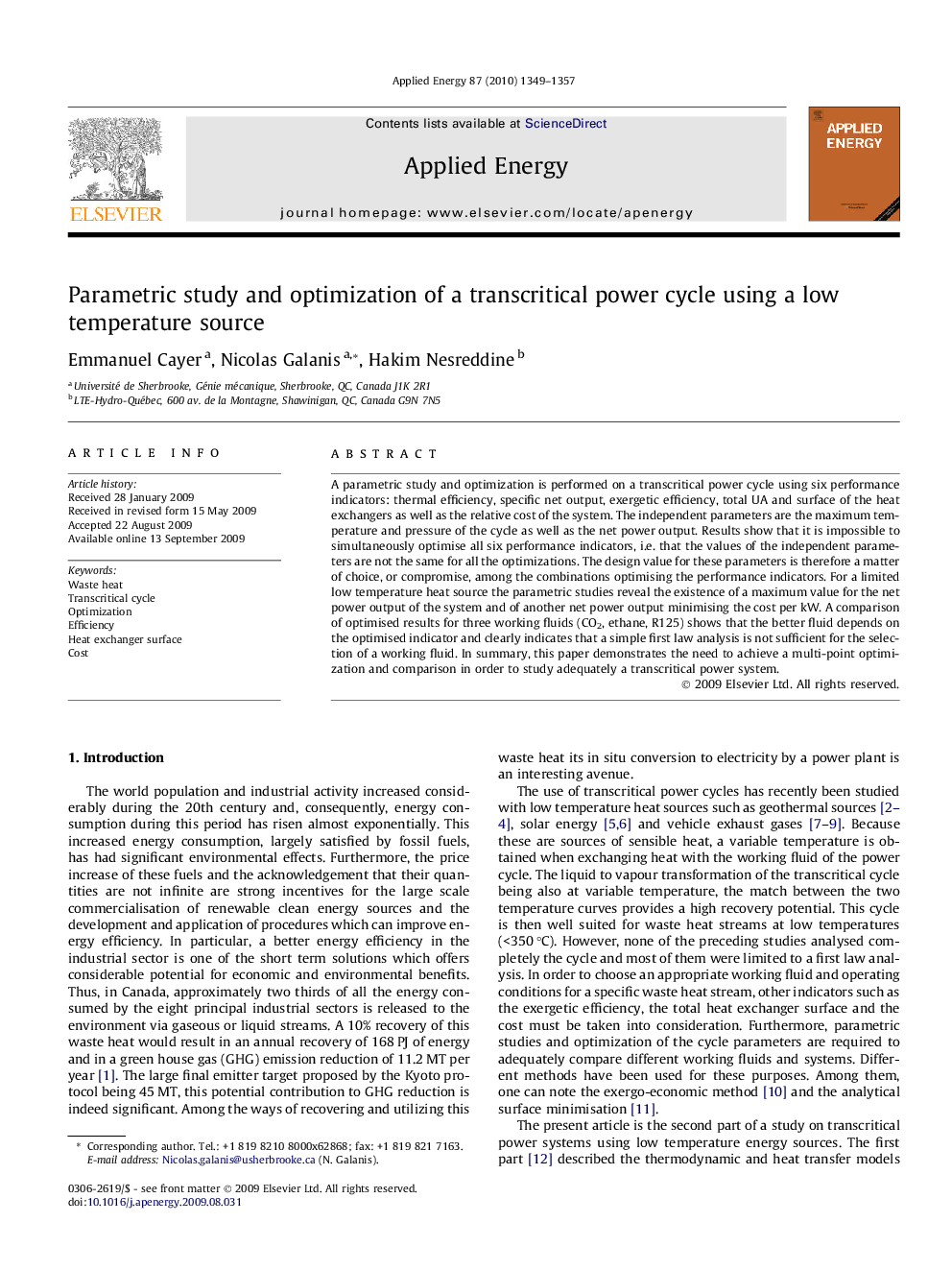 Parametric study and optimization of a transcritical power cycle using a low temperature source