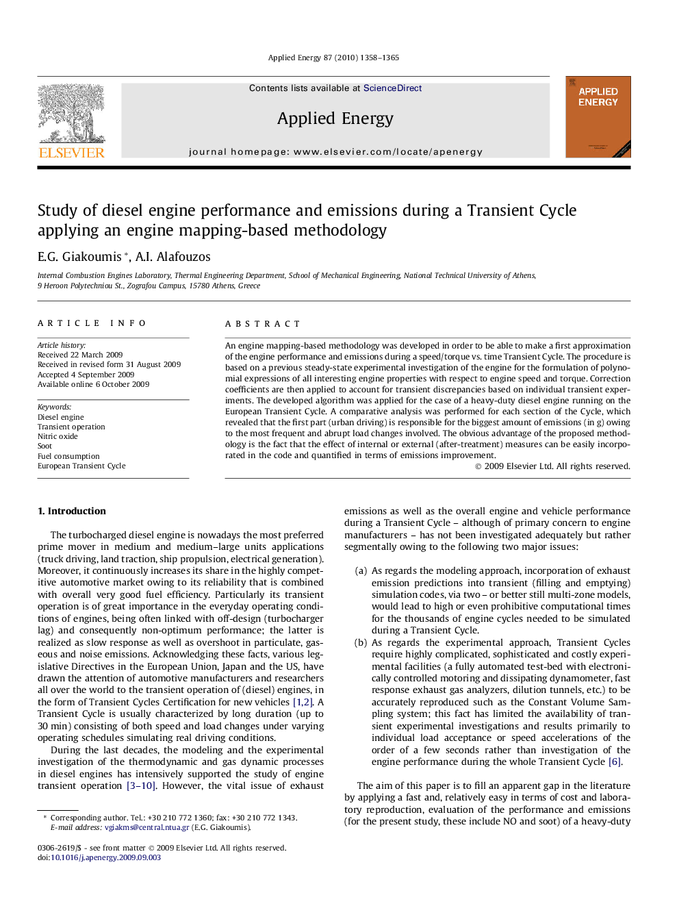 Study of diesel engine performance and emissions during a Transient Cycle applying an engine mapping-based methodology