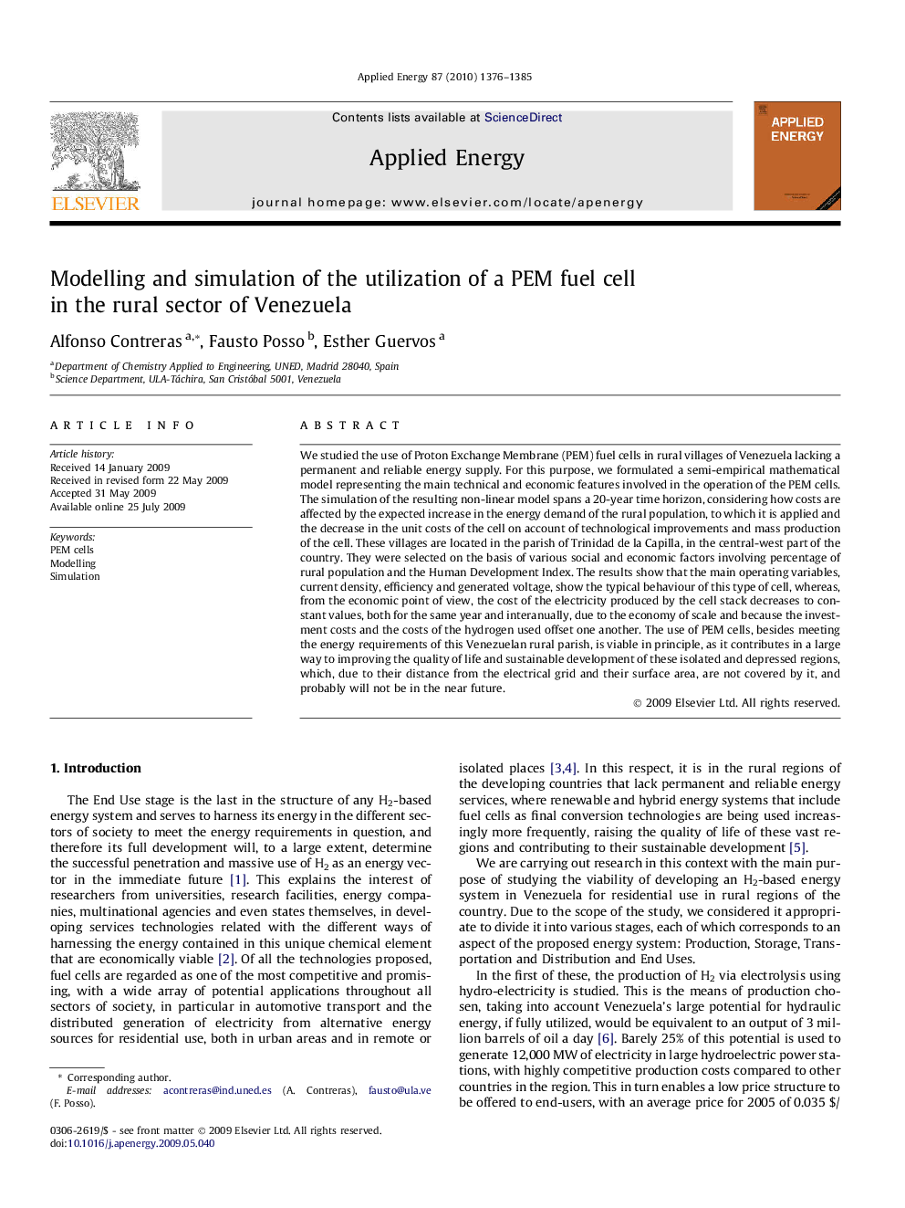 Modelling and simulation of the utilization of a PEM fuel cell in the rural sector of Venezuela