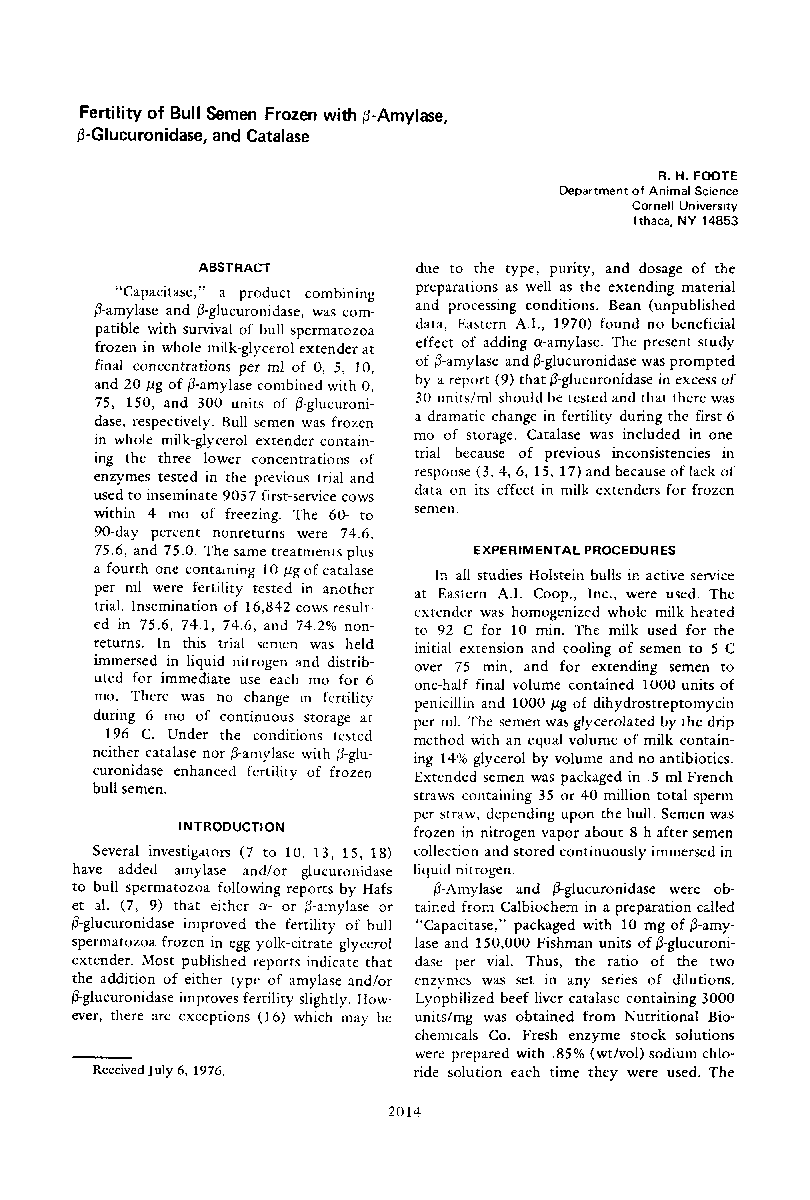 Fertility of Bull Semen Frozen with Î²-Amylase, Î²-Glucuronidase, and Catalase