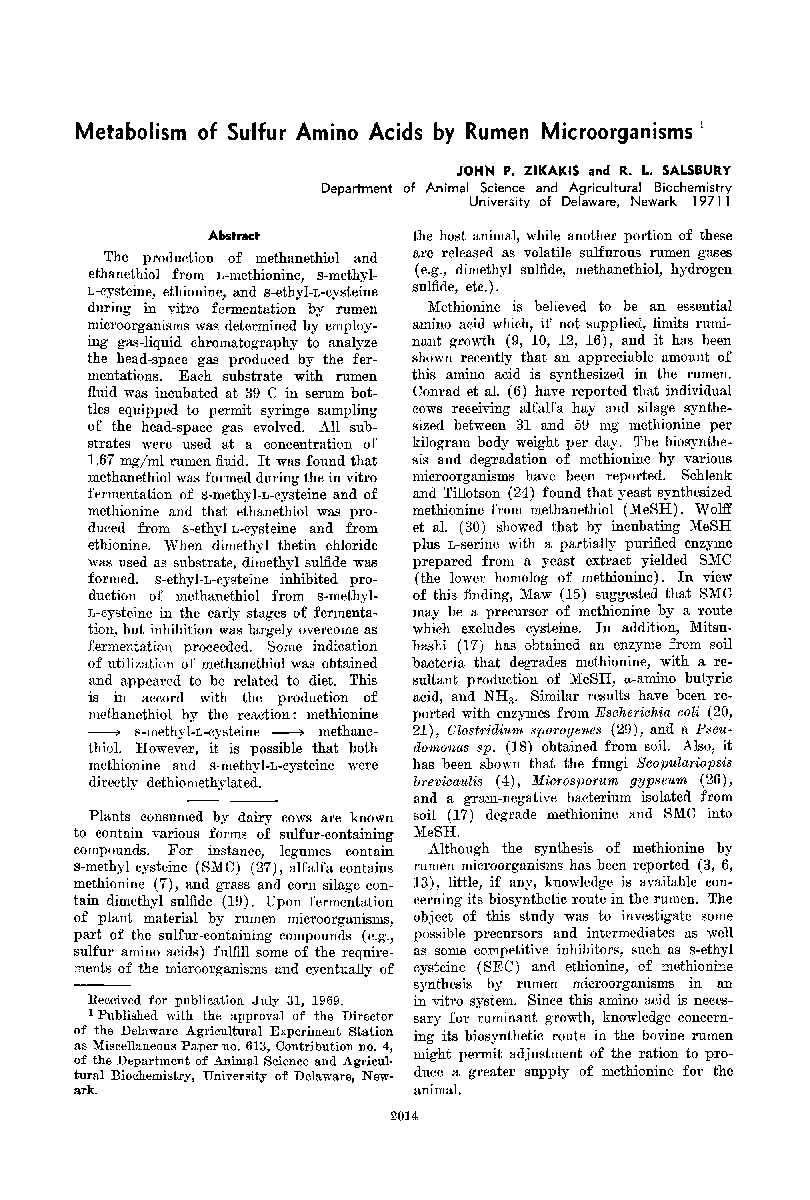 Metabolism of Sulfur Amino Acids by Rumen Microorganisms1