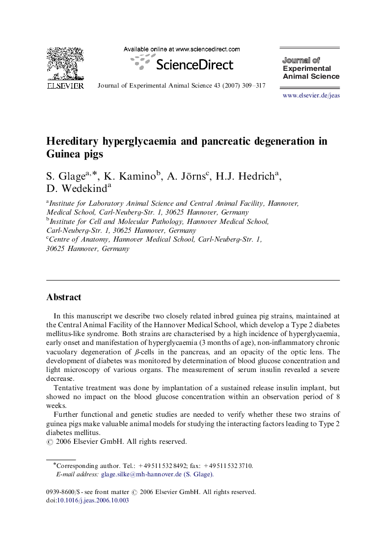 Hereditary hyperglycaemia and pancreatic degeneration in Guinea pigs