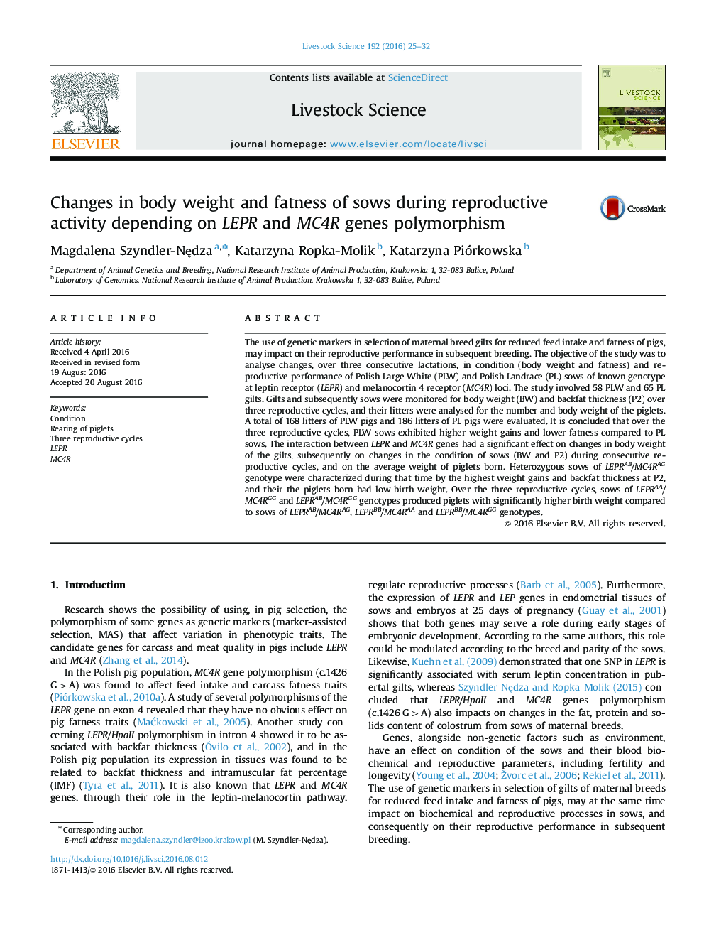 Changes in body weight and fatness of sows during reproductive activity depending on LEPR and MC4R genes polymorphism