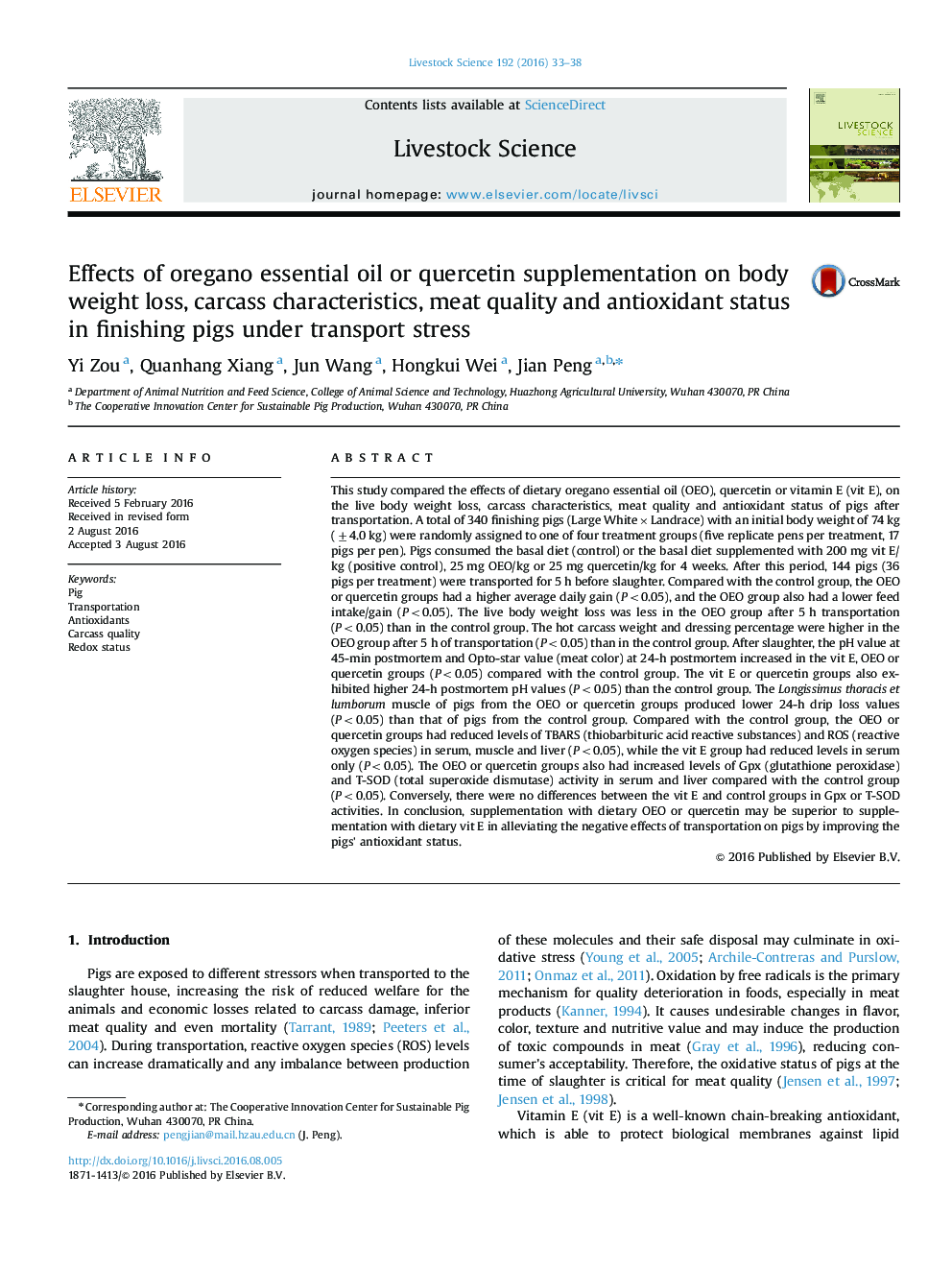 Effects of oregano essential oil or quercetin supplementation on body weight loss, carcass characteristics, meat quality and antioxidant status in finishing pigs under transport stress